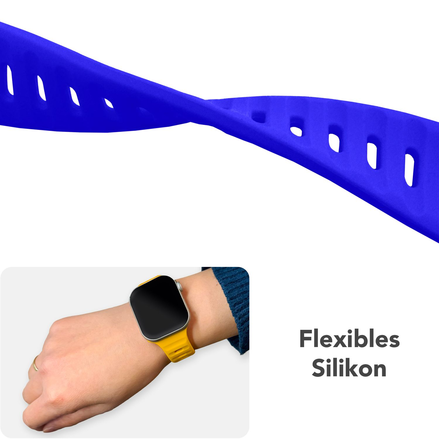 Blaues Uhrenarmband biegt sich, mit einer gelben Uhr am Handgelenk. Text 'Flexibles Silikon'.