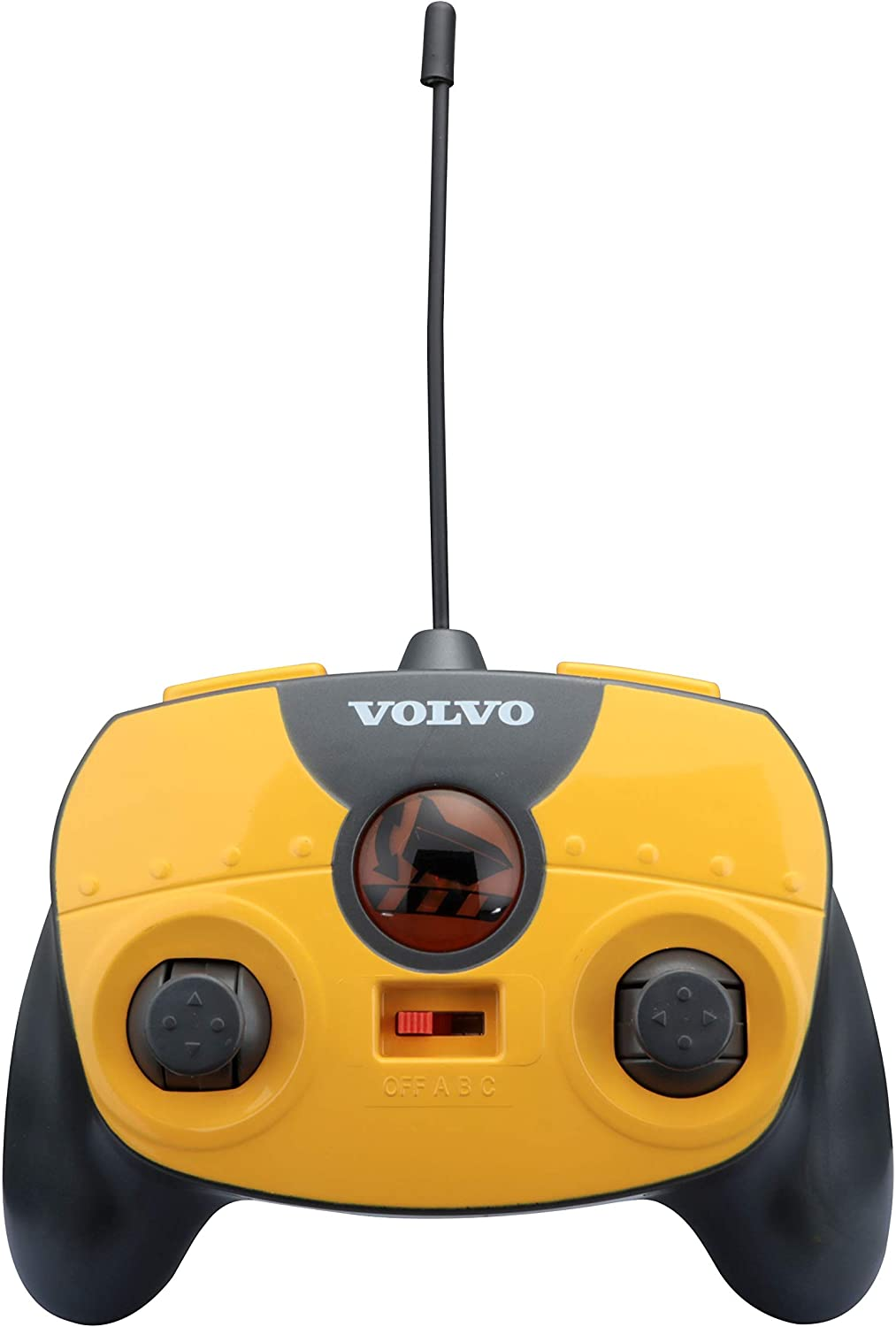 Gelbe und graue Fernbedienung für ein Volvo-Spielzeug mit schwarzer Antenne.