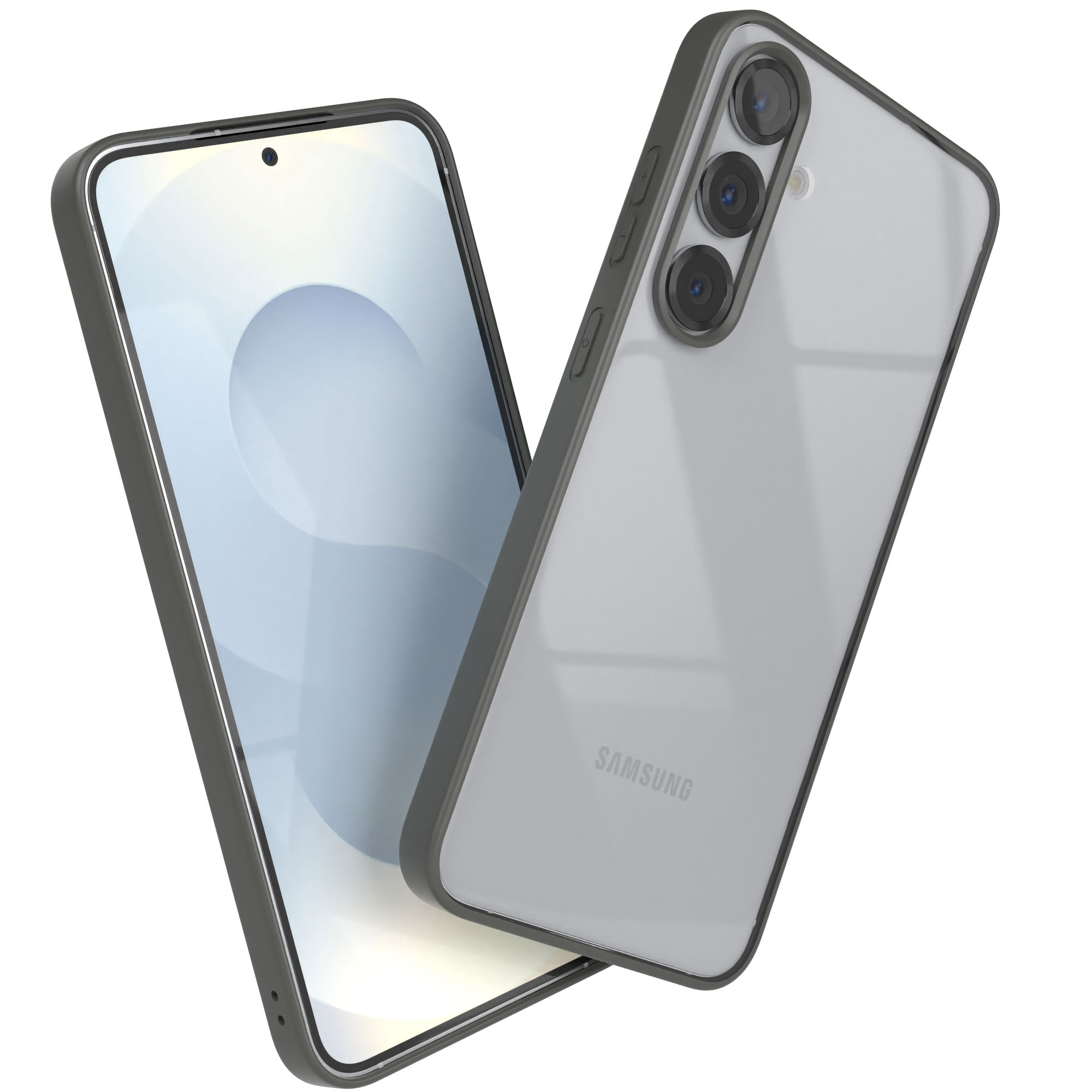 Zwei graue Smartphones, eines abgewinkelt, mit Bildschirmen. Das Gehäuse hat einen Rahmen. 'SAMSUNG' sichtbar.