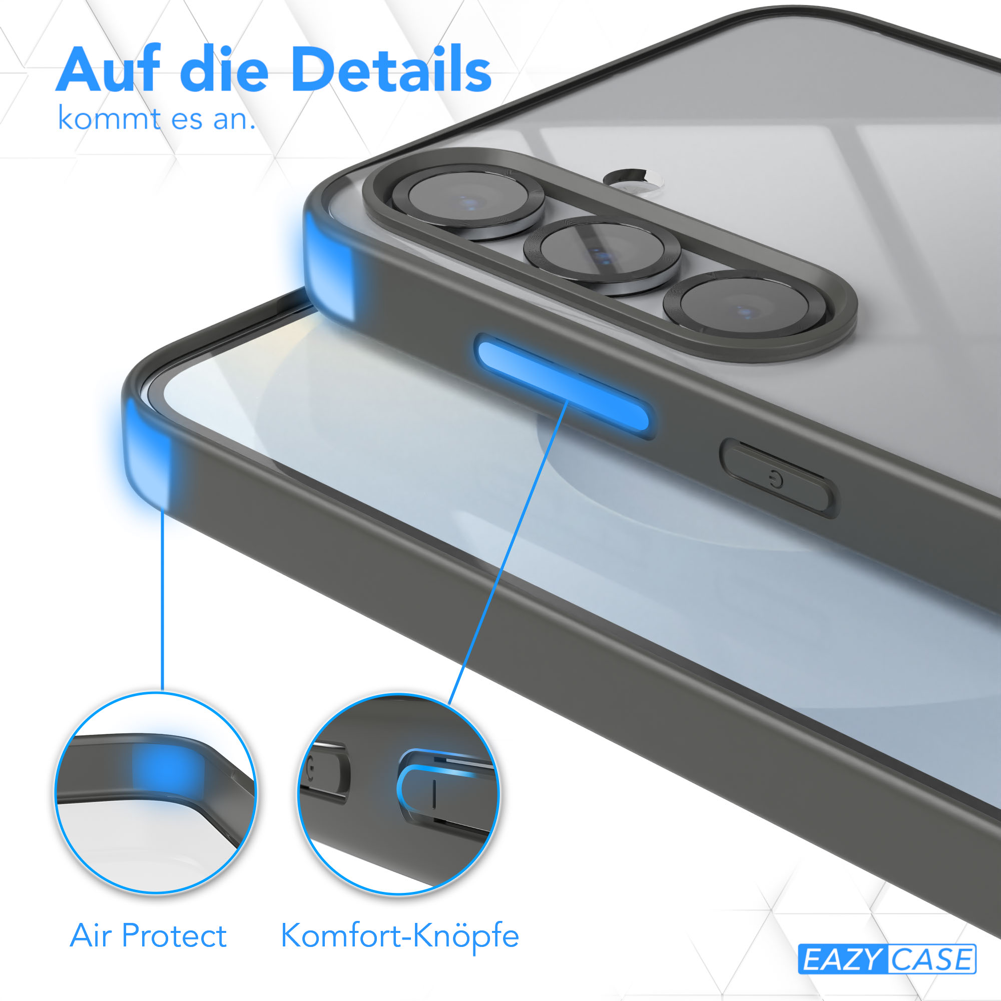 Nahaufnahme einer Handyhülle mit Telefon darin, und Texte über Luftschutz und Komfortknöpfe.