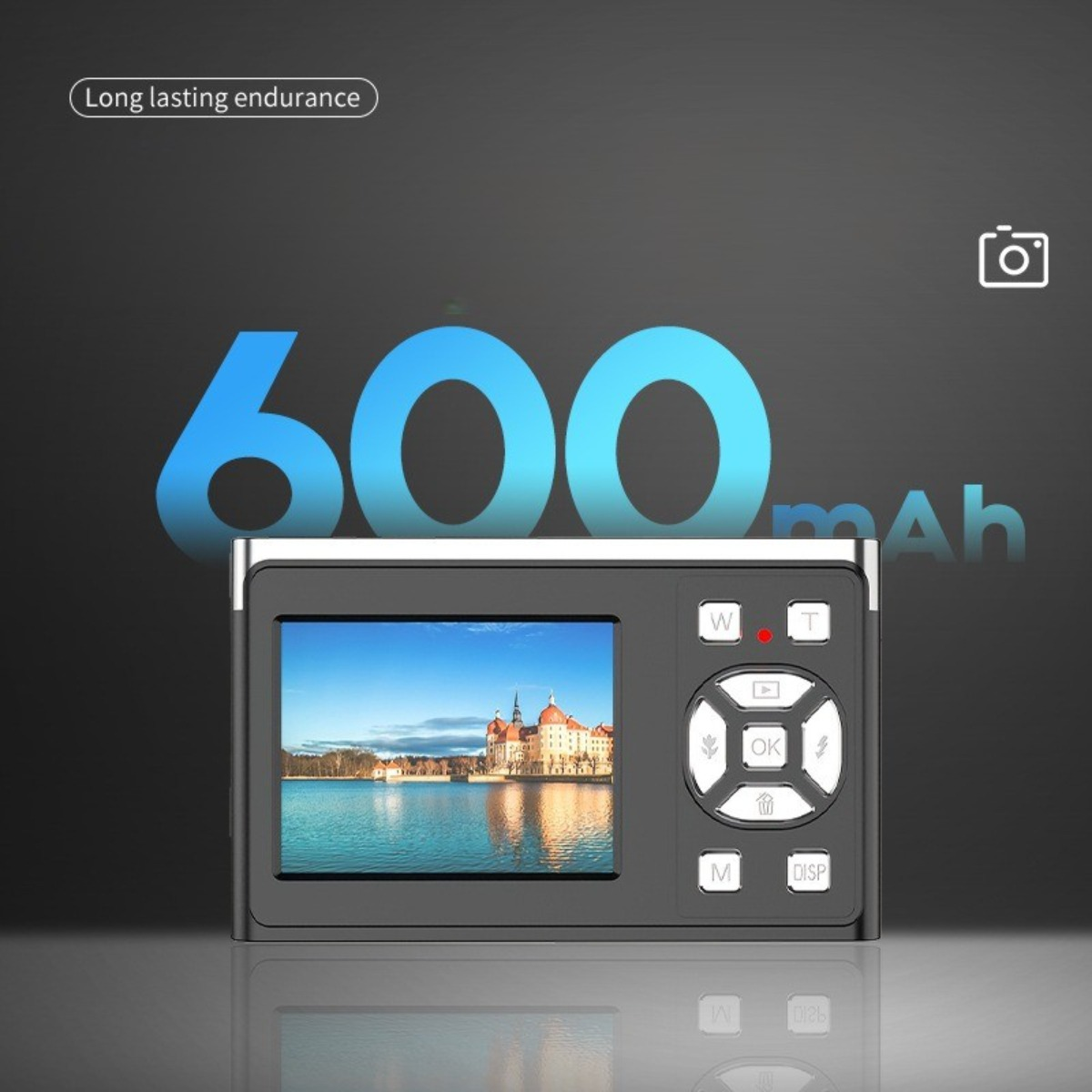 Eine schwarze Digitalkamera mit Schlossanzeige. Text: '600mAh' mit einem Batteriesymbol.