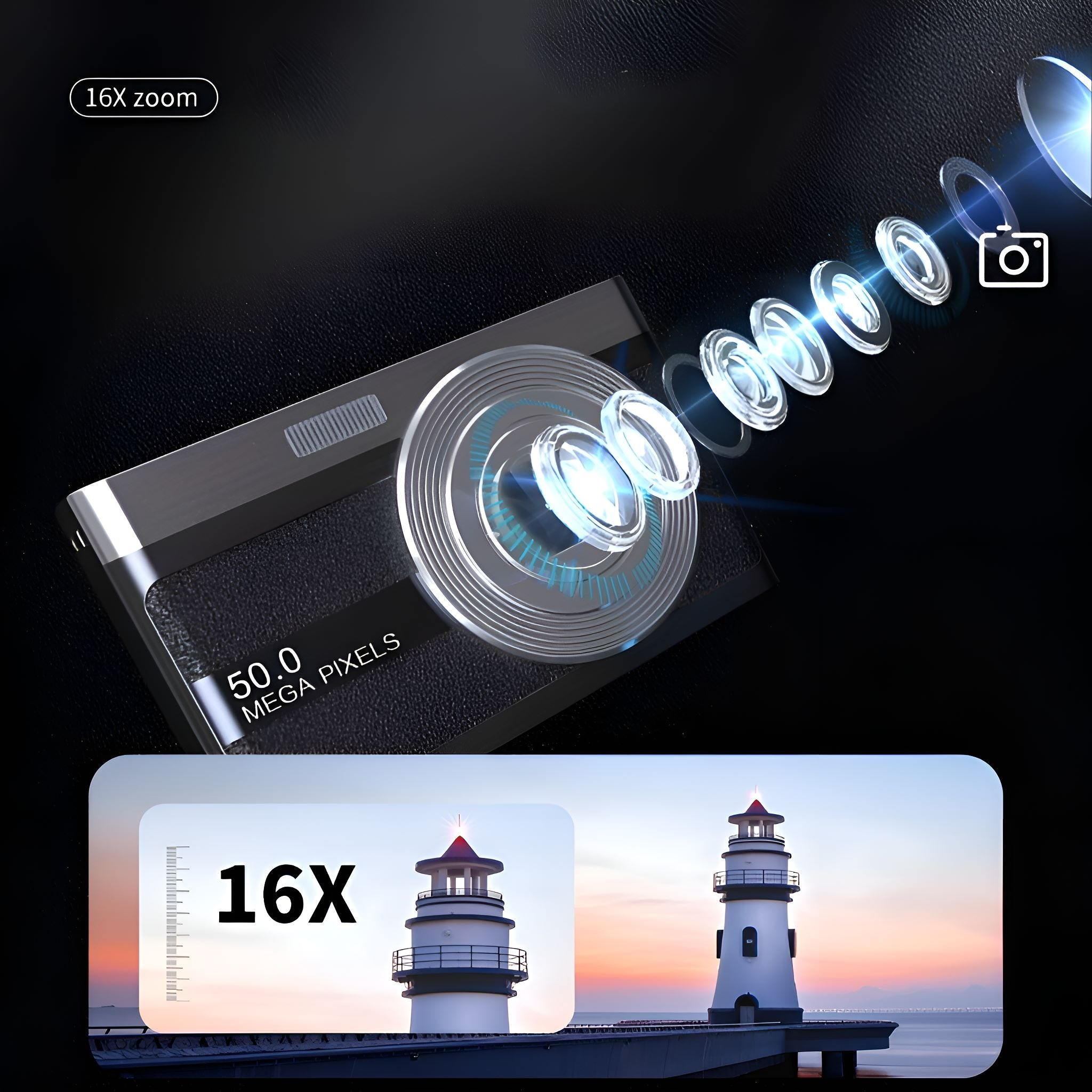 Eine schwarze Kamera mit Objektiven und Blick auf einen Leuchtturm. Text: '16X Zoom' und '50.0 MEGA PIXEL'.