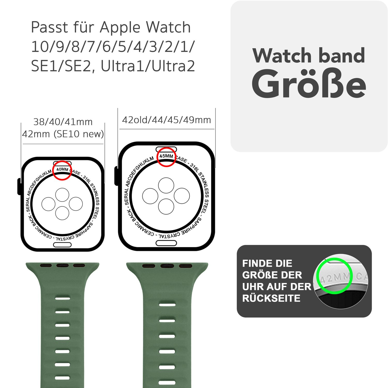Diagramm mit Uhrenarmbandgrößen für Apple Watch-Modelle, mit grünen Uhrenarmbändern.