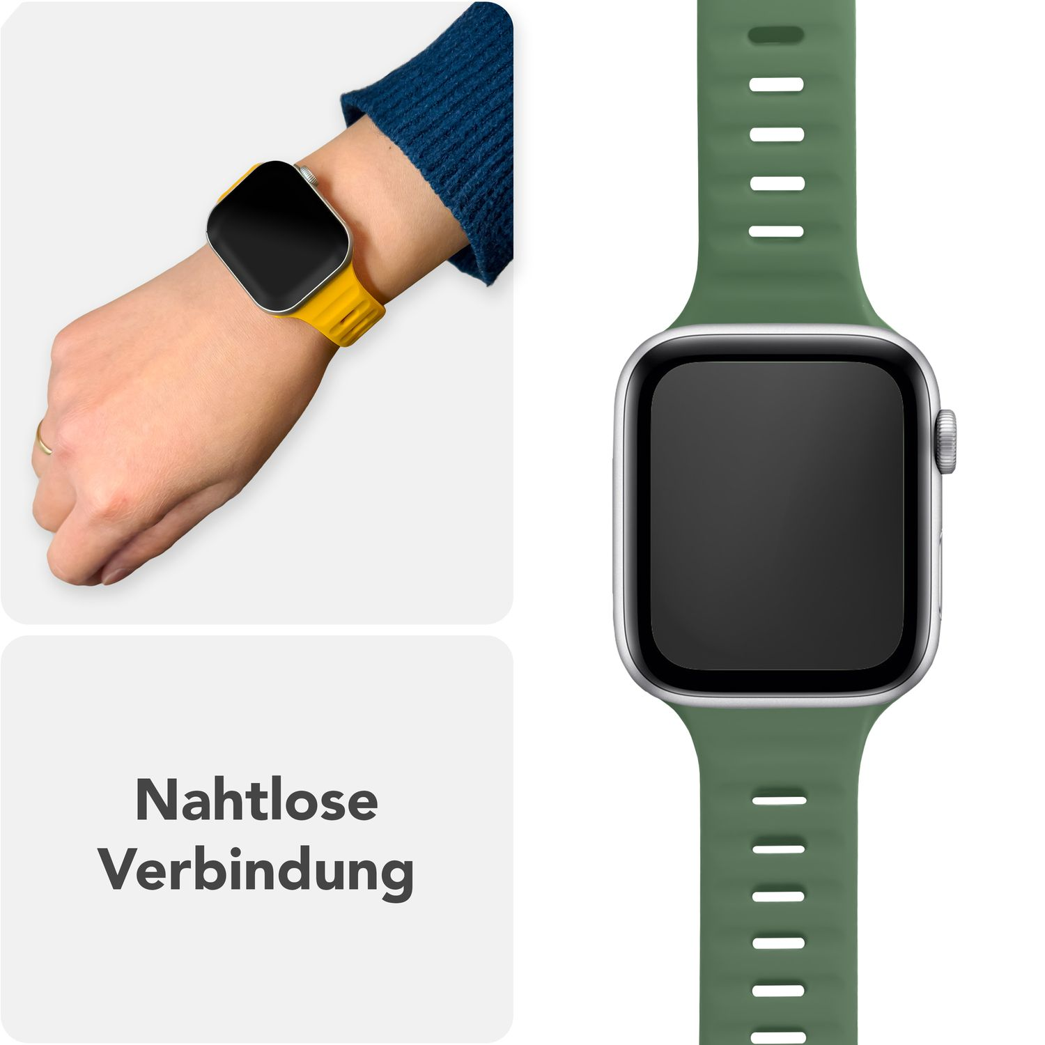 Eine Person, die eine gelbe Uhr trägt. Eine grüne Uhr wird separat gezeigt. Der Text lautet „Nahtlose Verbindung“.