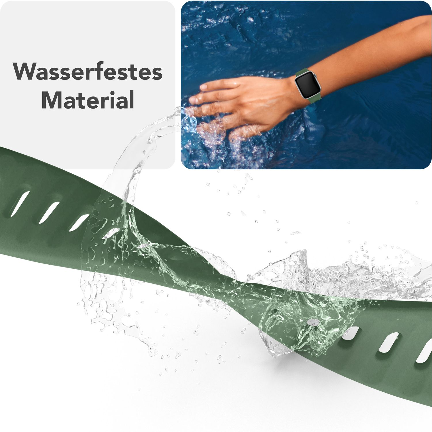 Ein grünes Uhrenarmband wird mit Wasser bespritzt. Eine Person trägt eine Uhr mit grünem Band.