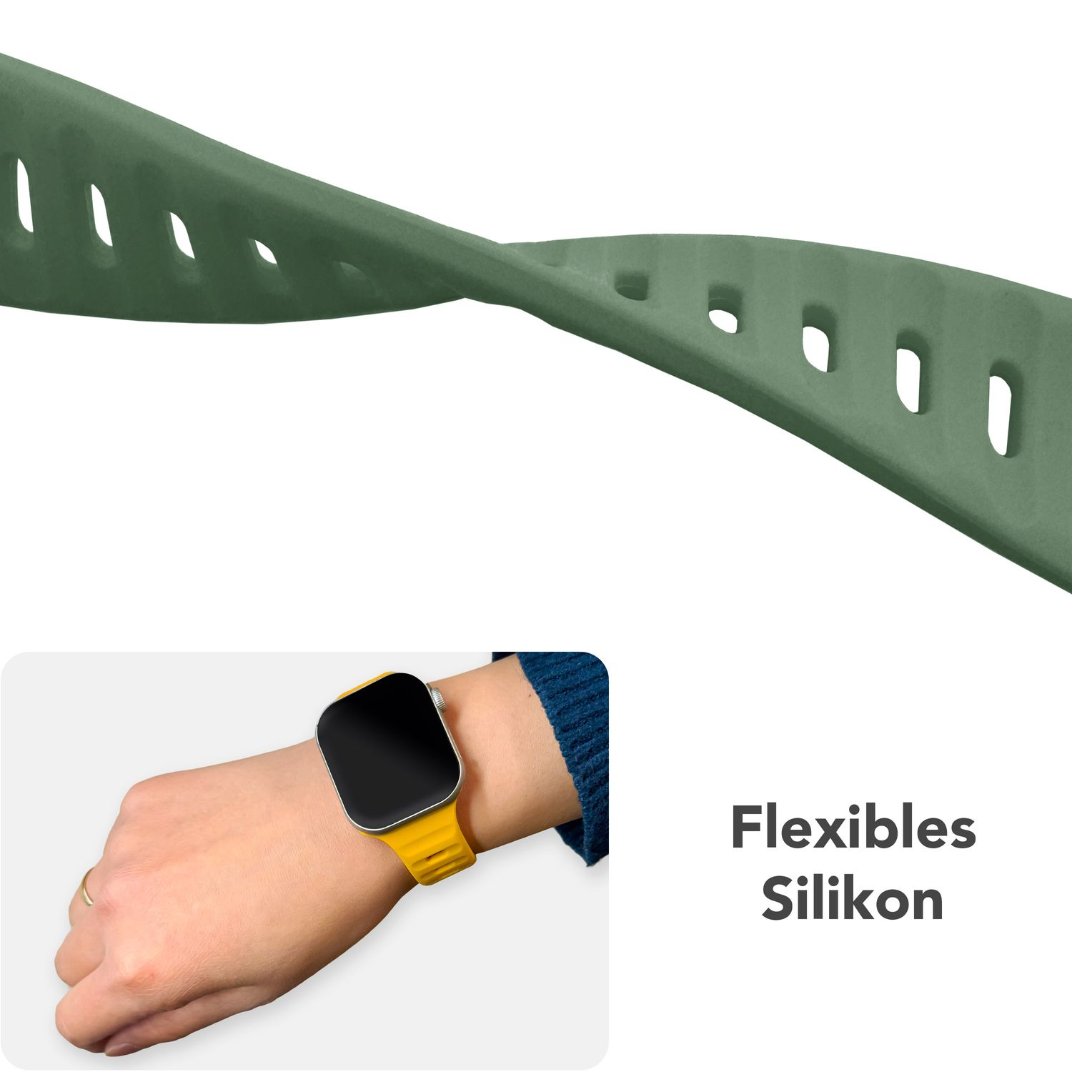 Ein grünes Uhrenarmband auf weißem Hintergrund. Eine Handgelenk mit gelber Uhr in der Ecke.