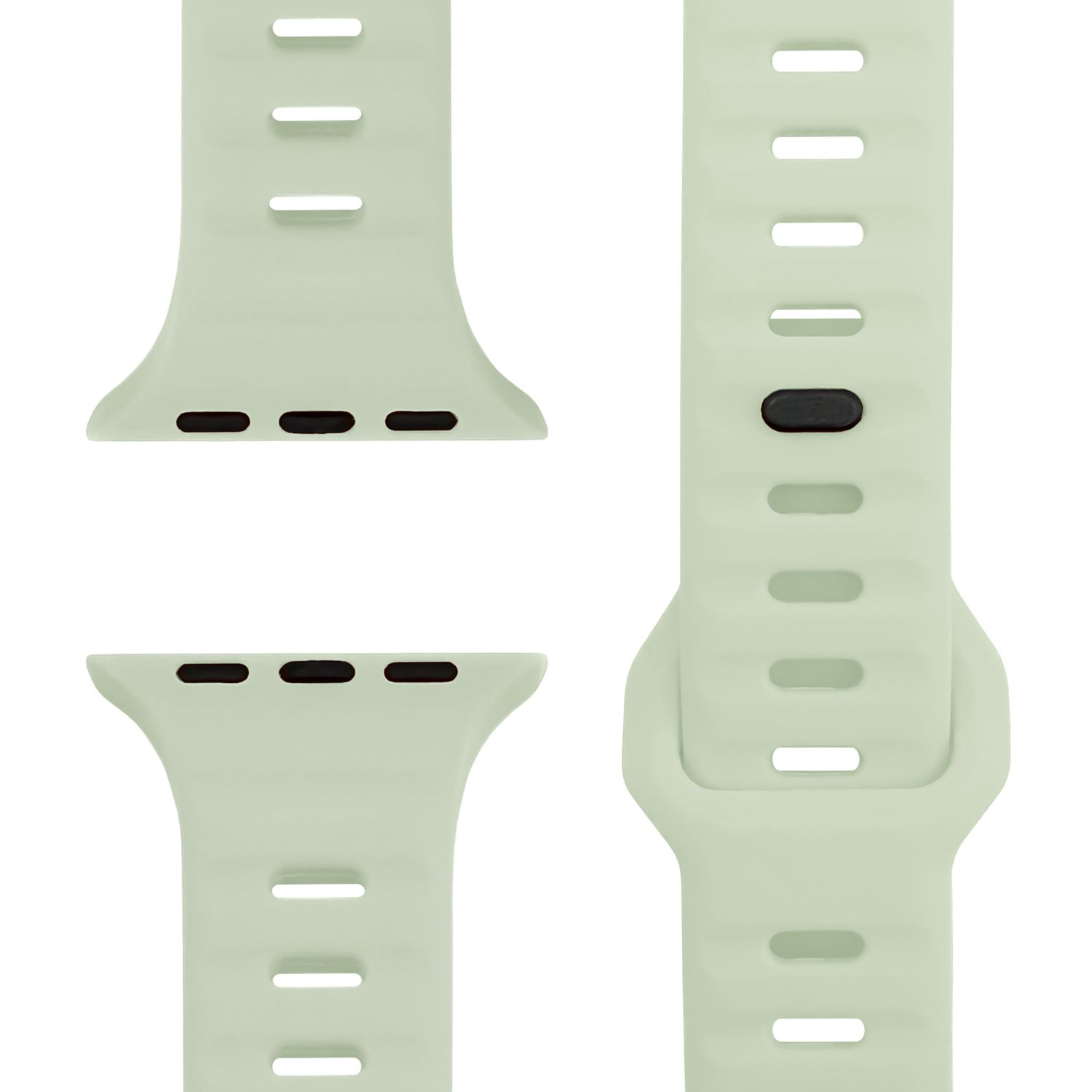 Drei hellgrüne Apple Watch-Armbänder, zwei abgenommen und eines befestigt, vor weißem Hintergrund.