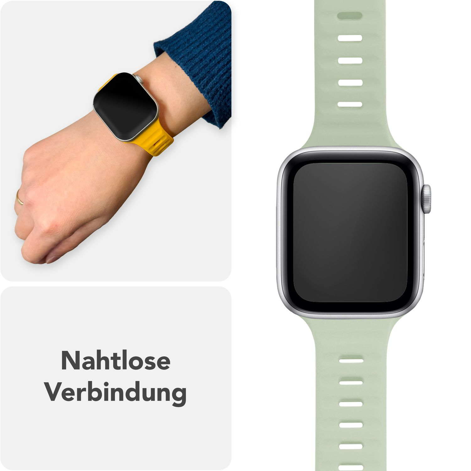 Handgelenk mit gelbem Armband, und grünes Armband auf weißem Grund.
