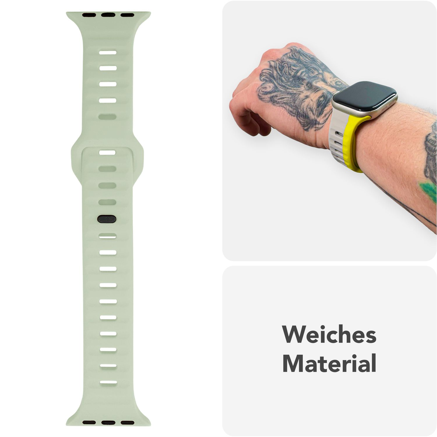 Ein hellgrünes Uhrenarmband und ein Handgelenk mit einer gelben Uhr. Tätowierter Arm und weißer Hintergrund.
