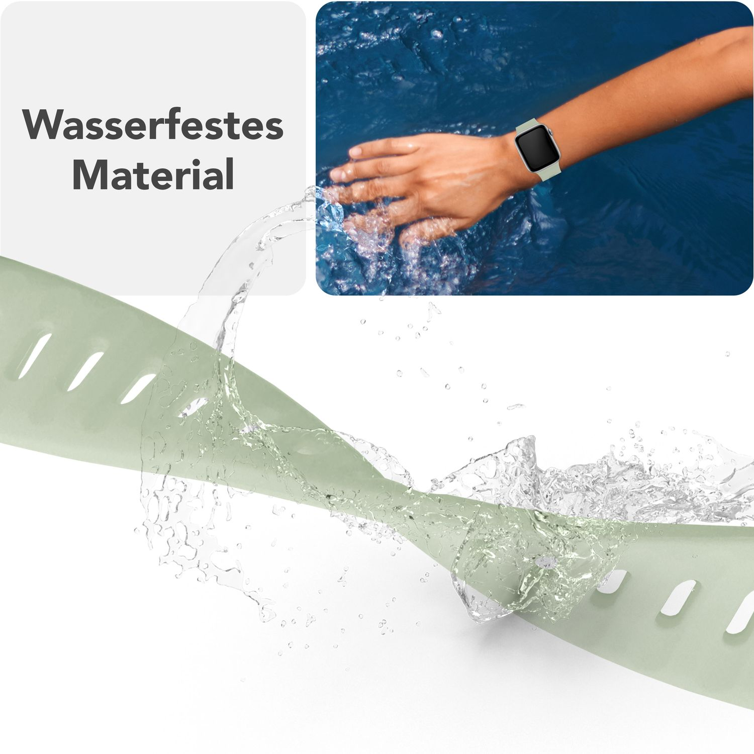 Ein grünes Uhrenarmband wird mit Wasser bespritzt. Eine Person trägt eine Uhr mit grünem Band.