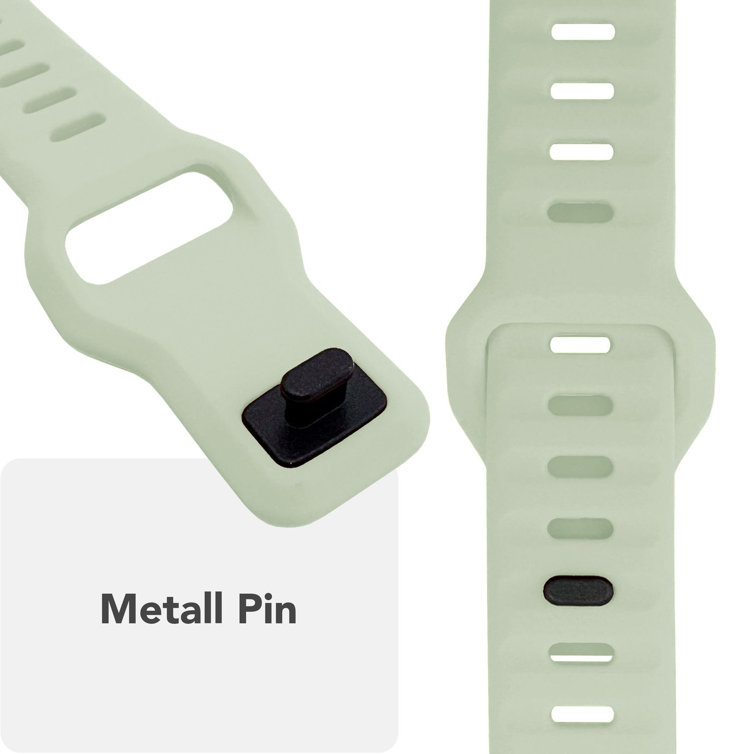 Nahaufnahme eines hellgrünen Uhrenarmbands mit einem schwarzen Metallstift. Text: 'Metall Pin'.