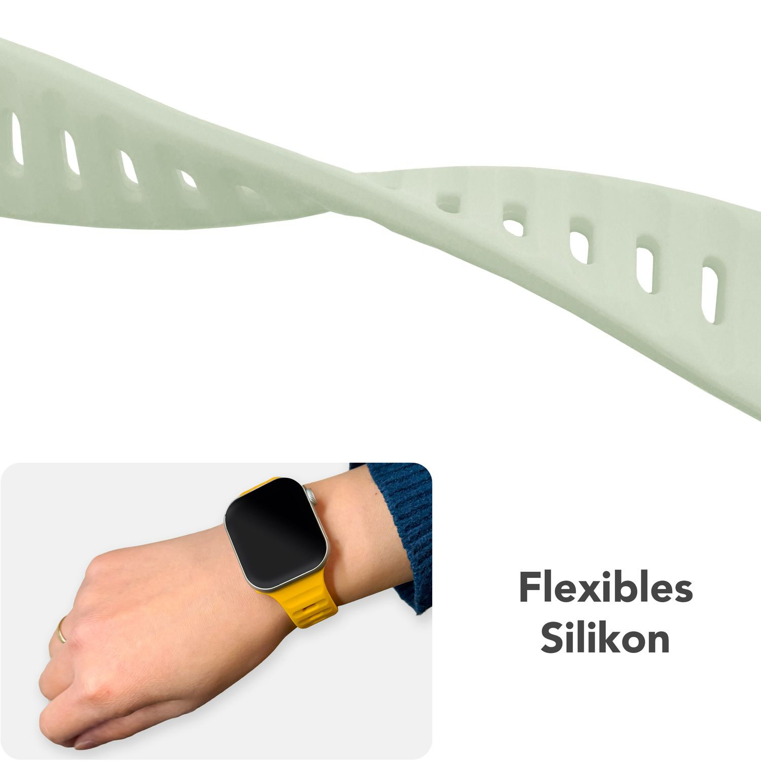 Ein Handgelenk mit gelbem Armband und ein grünes Armband auf weißem Grund.