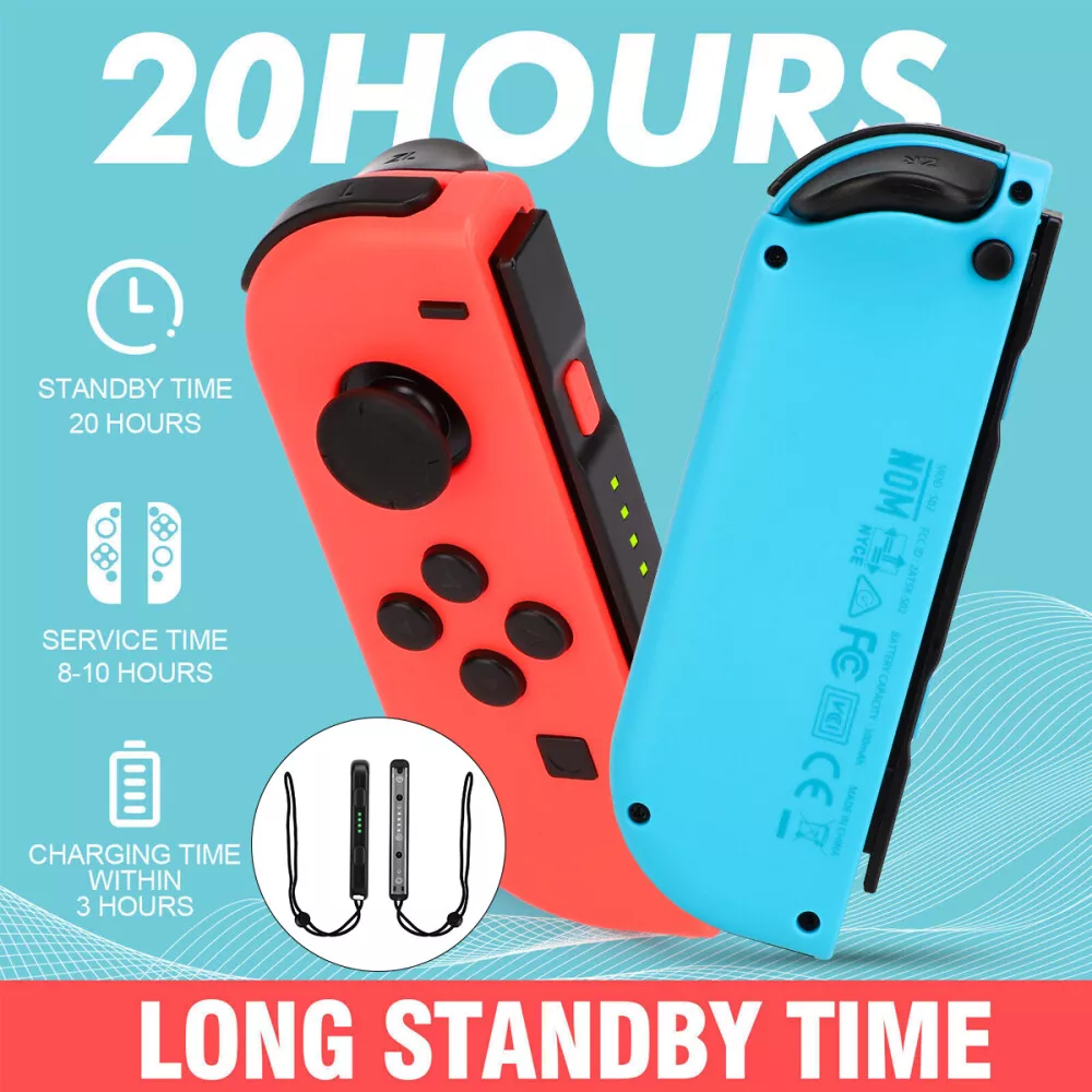 Rote und blaue Joy-Con-Controller mit Text über Akkulaufzeit und Ladezeit. Standby-Zeit beträgt 20 Stunden.