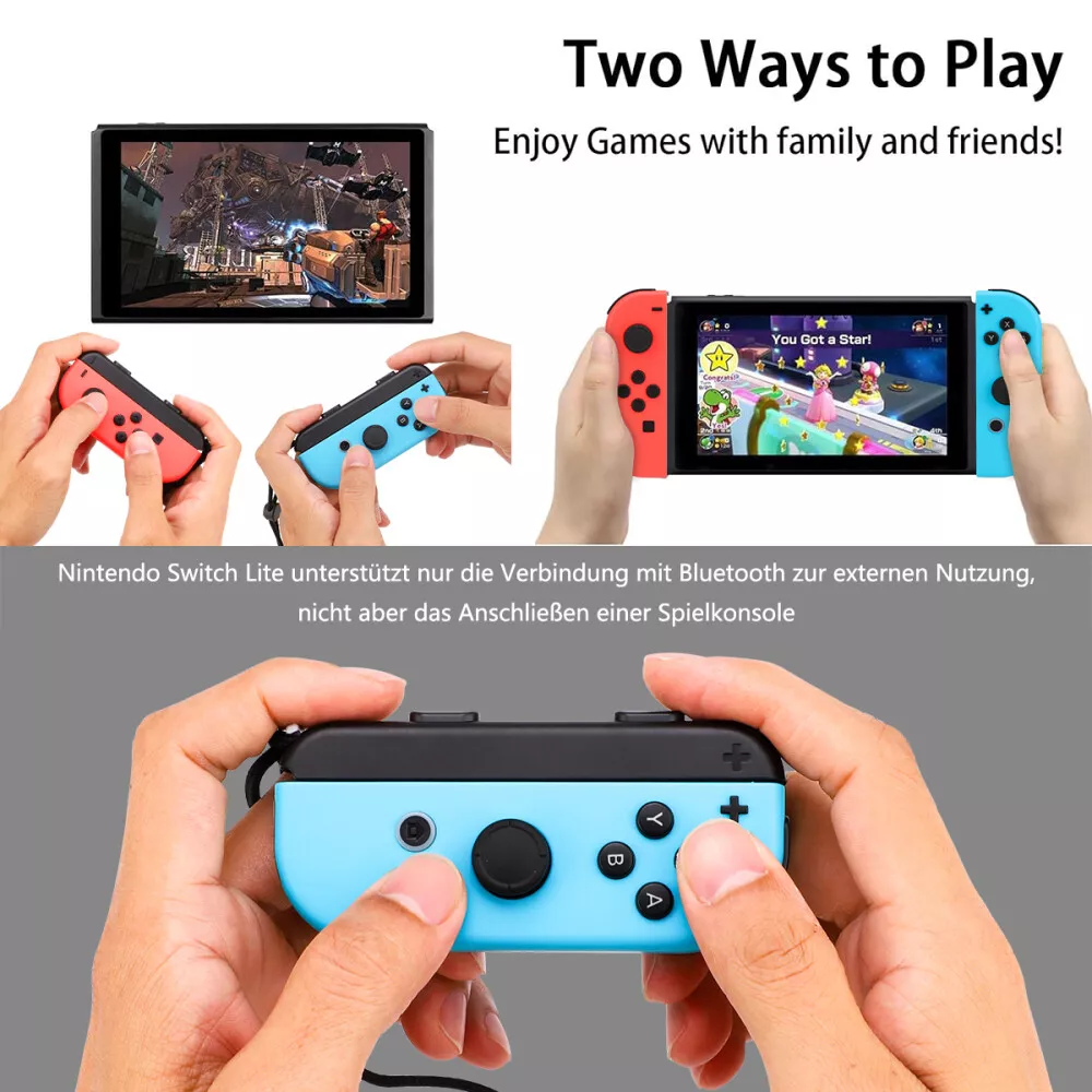Mehrere Bilder, die Personen mit Nintendo Switch-Controllern zeigen. Text: 'Two Ways to Play'.