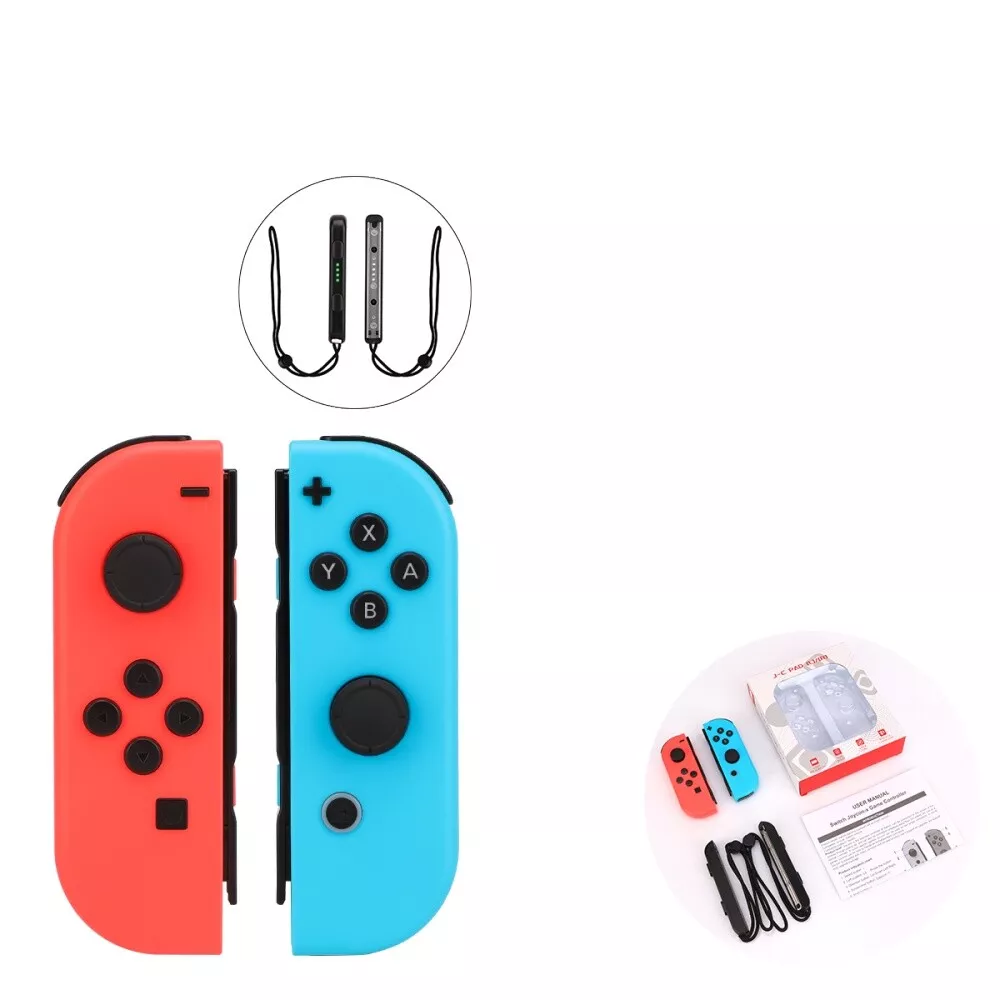 Joy-Con-Controller: einer rot, einer blau. Zubehör für Nintendo Switch. Zubehör und Text im Hintergrund.