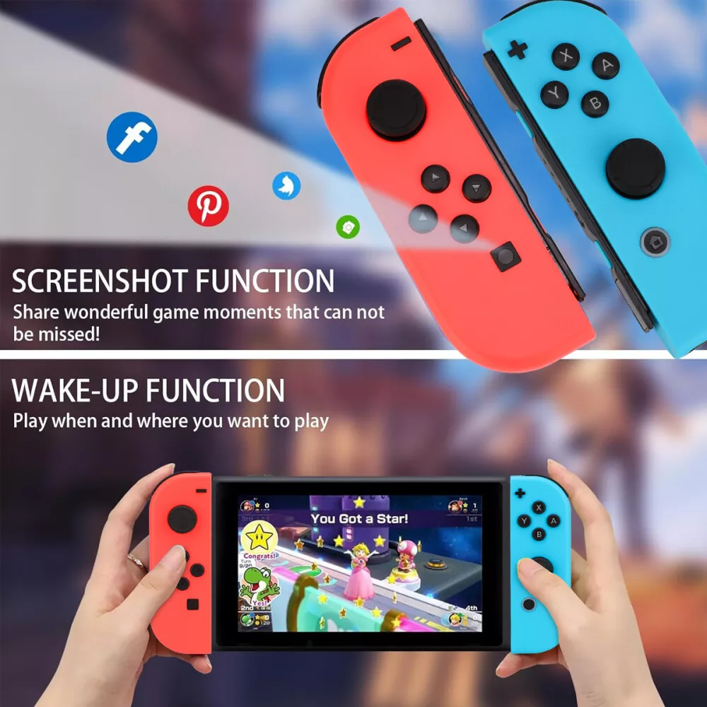 Rote und blaue Controller mit Spieloberfläche auf dem Bildschirm. Social-Media-Symbole sind sichtbar. Text: 'Screenshot'.