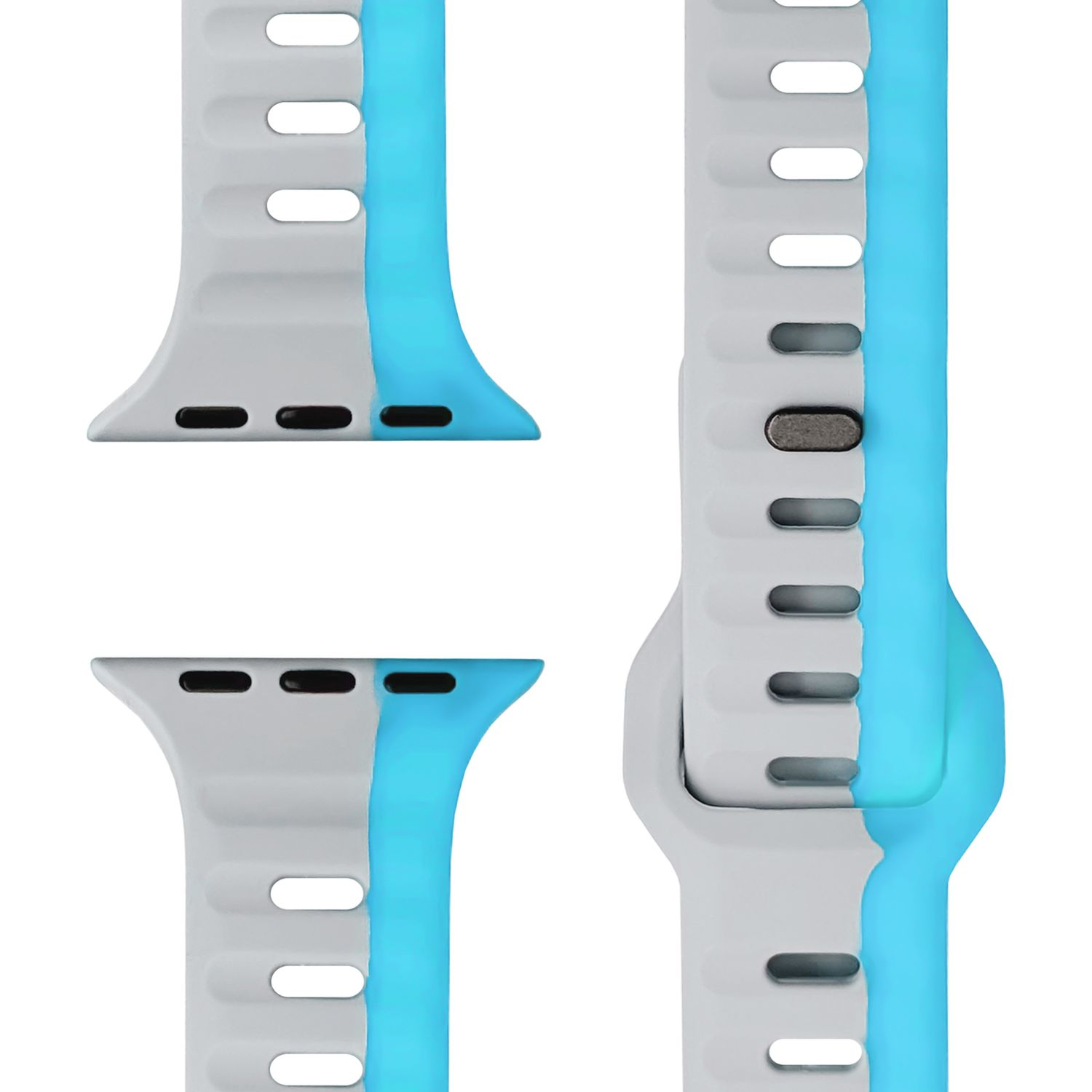 Ein Uhrenarmband mit geteiltem Design in hellgrau und blau. Das Band ist mittig geteilt.