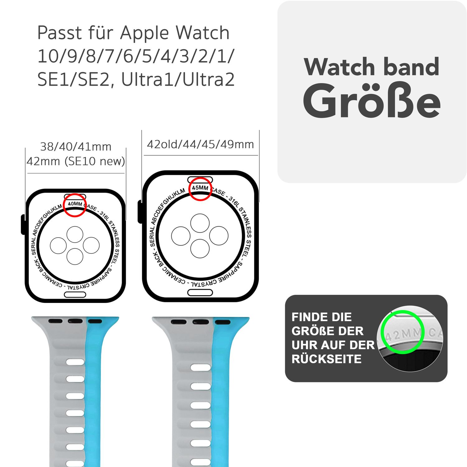 Diagramm zum Vergleich der Apple Watch-Größen. Text lautet Uhrenarmbandgröße rechts.