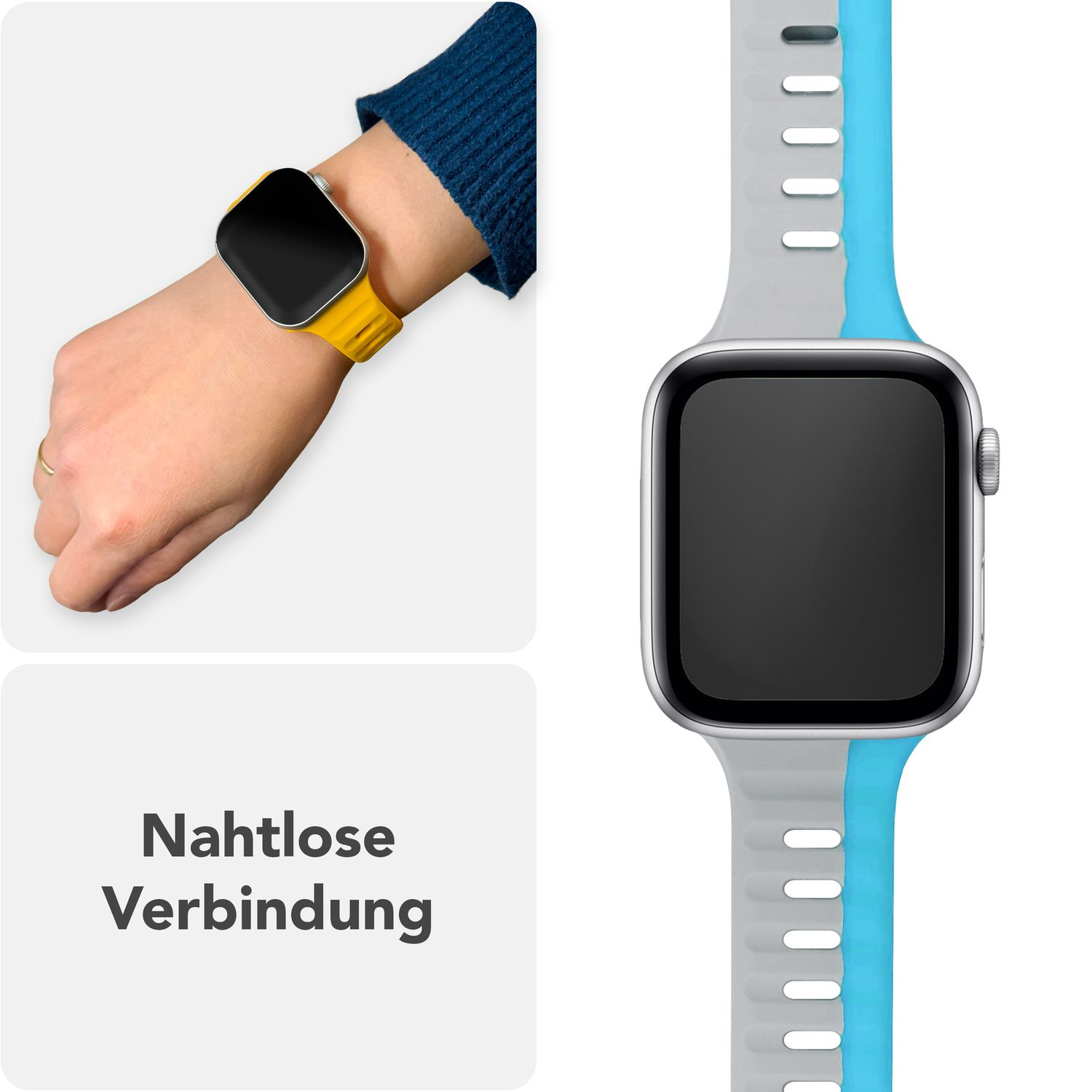 Eine Person, die ein gelbes Armband trägt. Das Band wird auch daneben gezeigt.