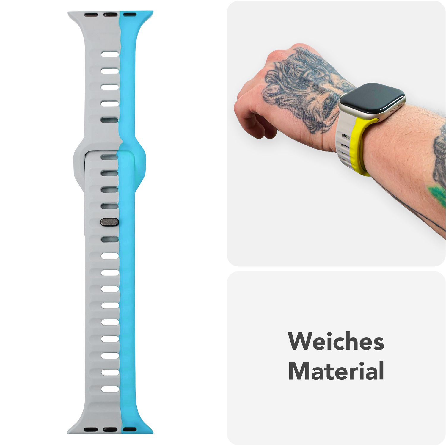 Graues und blaues Armband teilweise gezeigt, neben einer Person, die das Band trägt.