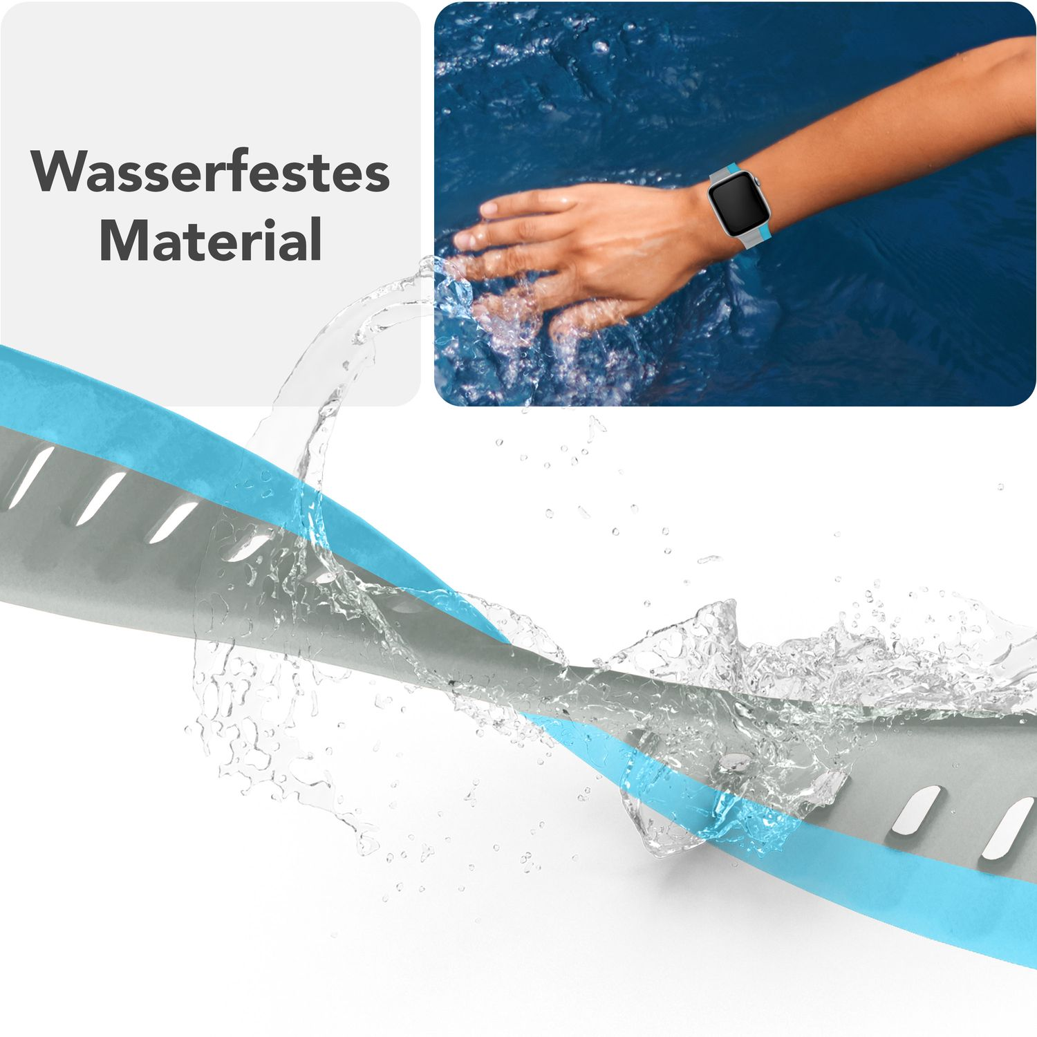 Armband unter Wasser, Wasserspritzer. Text: 'Wasserdichtes Material'.