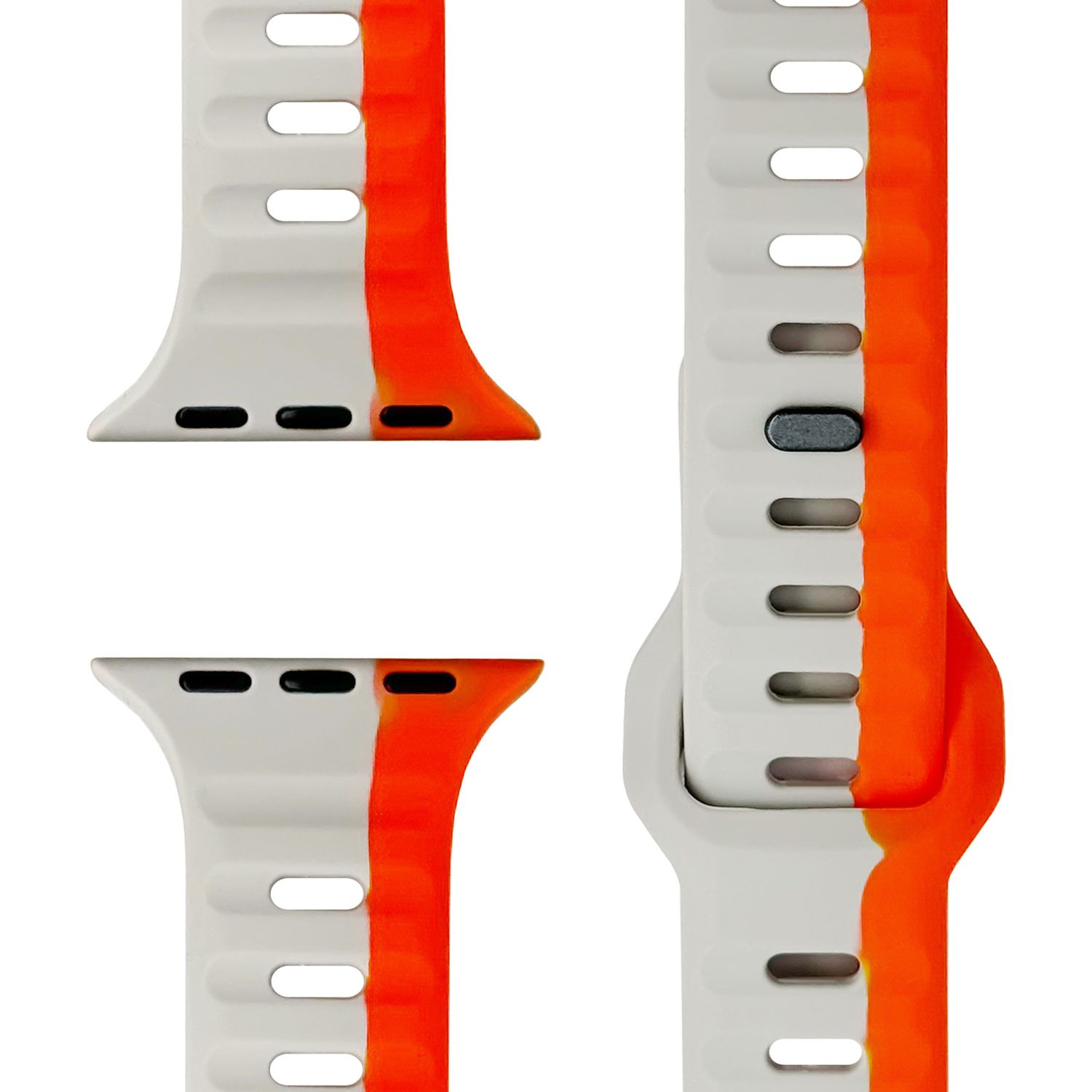 Nahaufnahme von drei Apple Watch-Armbändern. Weiß und orange, mit geriffeltem Muster.