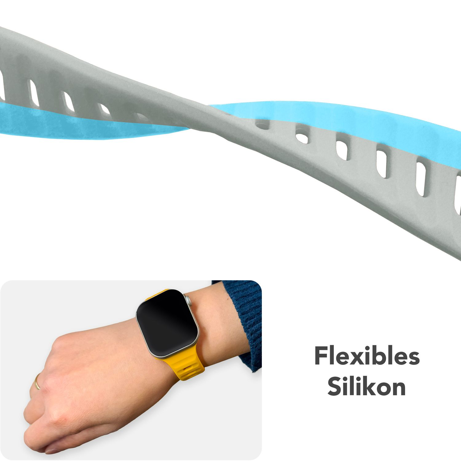 Graues und blaues Uhrenarmband. Person trägt es, zeigt schwarze Uhr.