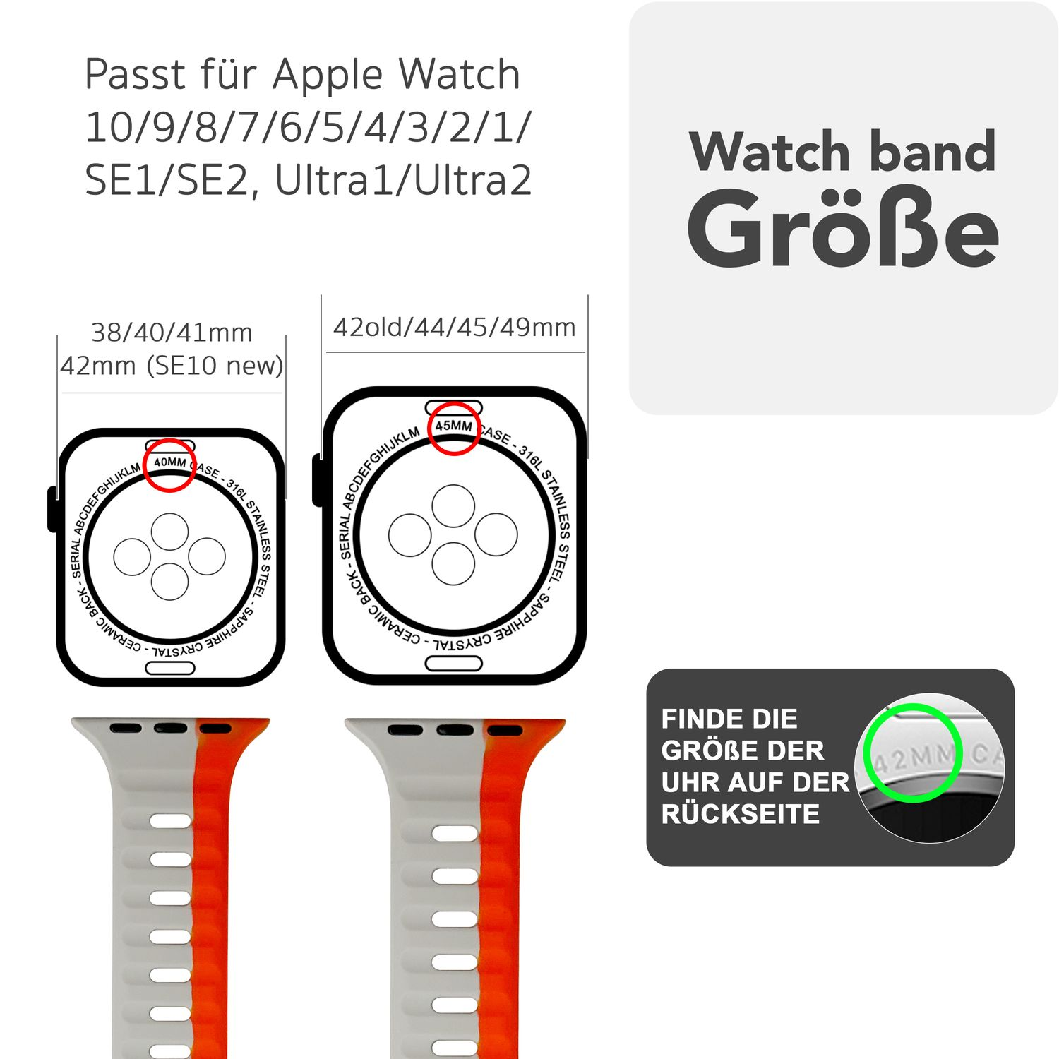 Diagramme zeigen Armbandgrößen für Apple Watch Modelle. Enthält Größeninformationen.