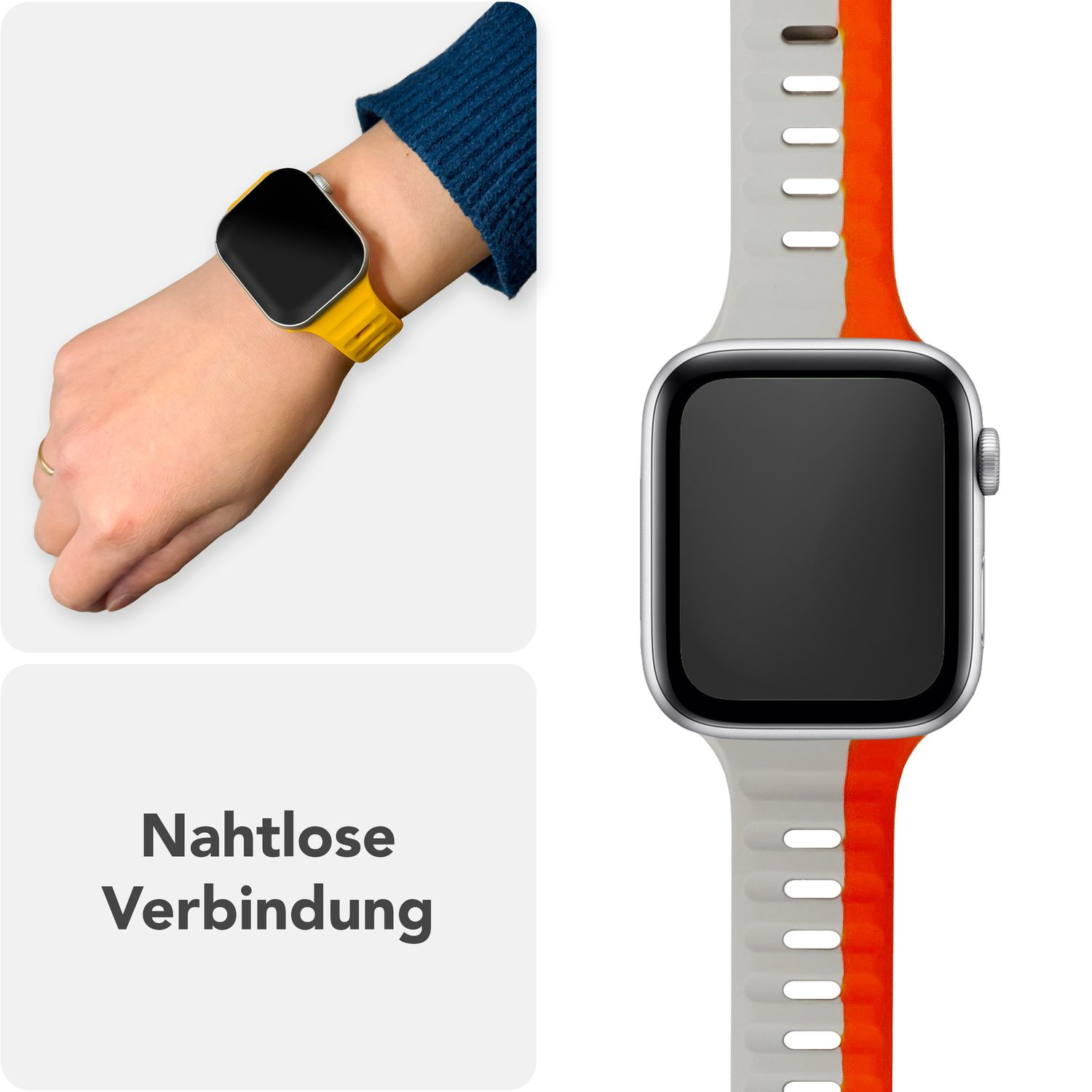 Eine Person, die ein gelbes Armband trägt. Das Band wird auch daneben gezeigt.