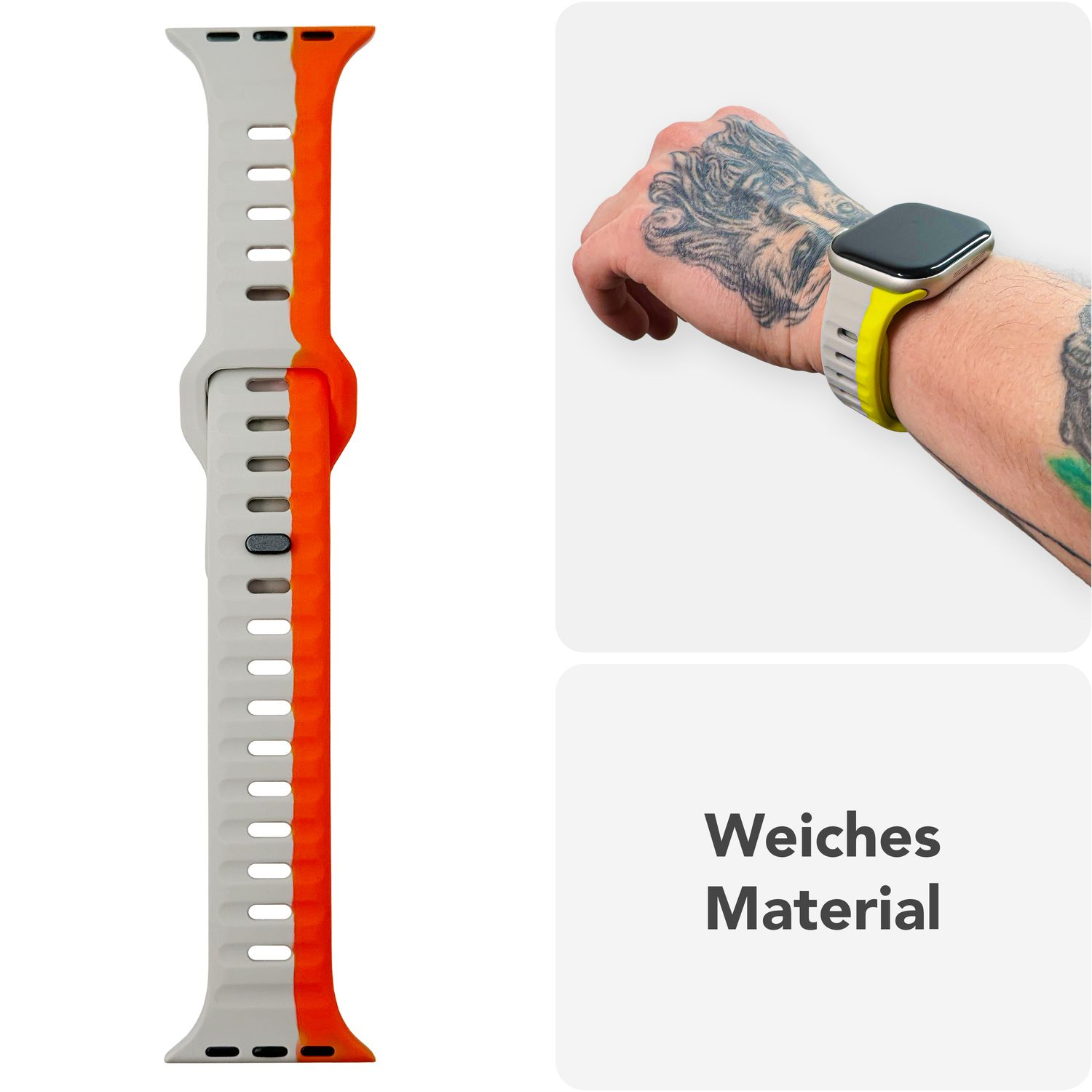 Oranges und graues Armband teilweise gezeigt, neben einer Person, die das Band trägt.
