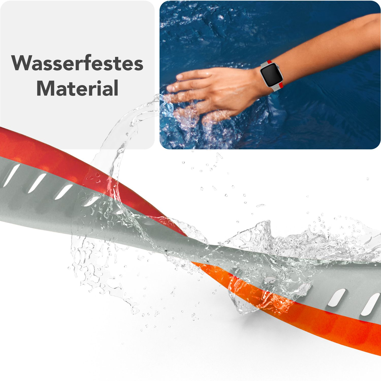 Wasser spritzt über ein rotes und graues Armband. Die Hand einer Person mit der Uhr ist im Wasser abgebildet.
