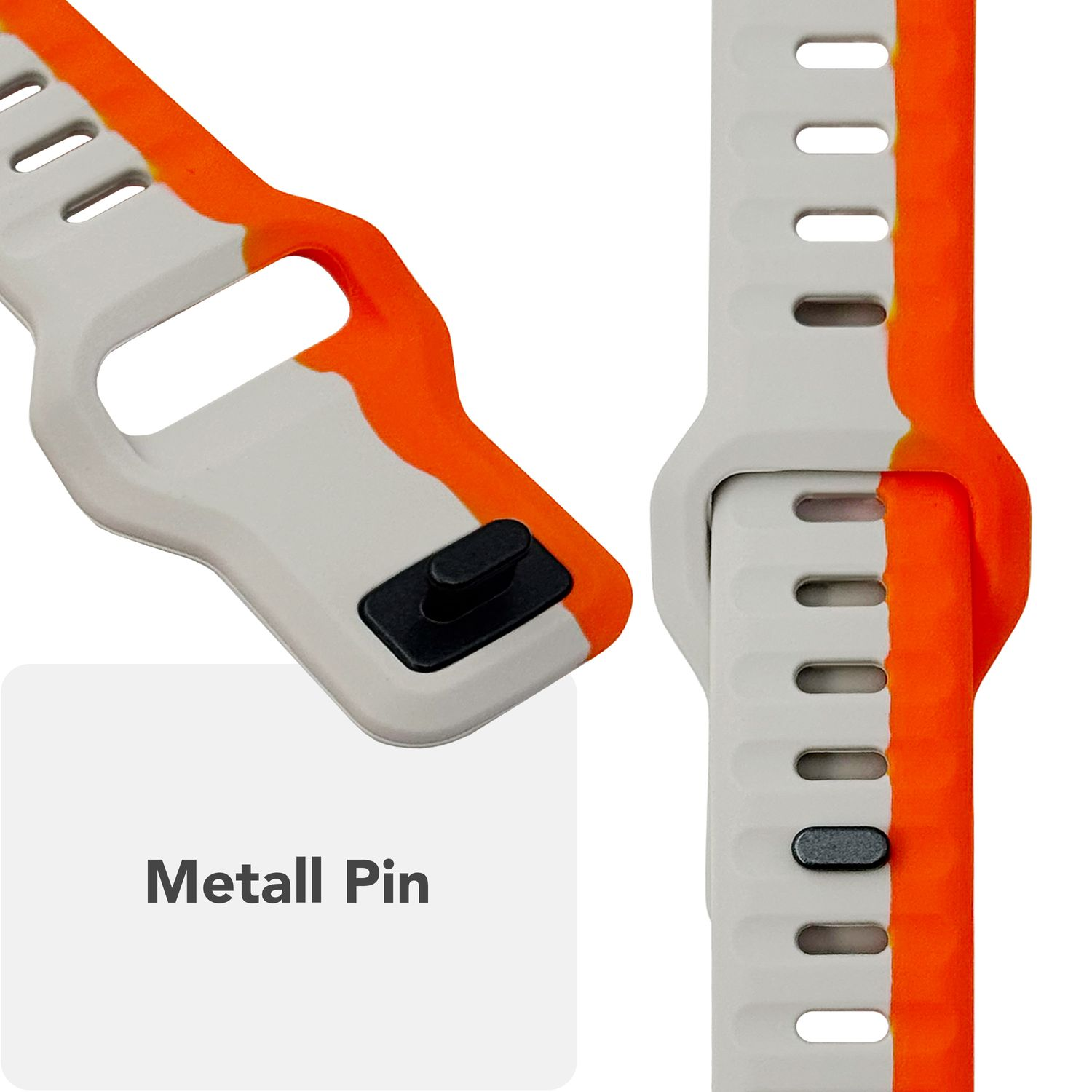 Nahaufnahme eines Uhrenarmbands mit weißen und orangen Abschnitten und einem Metallstift.