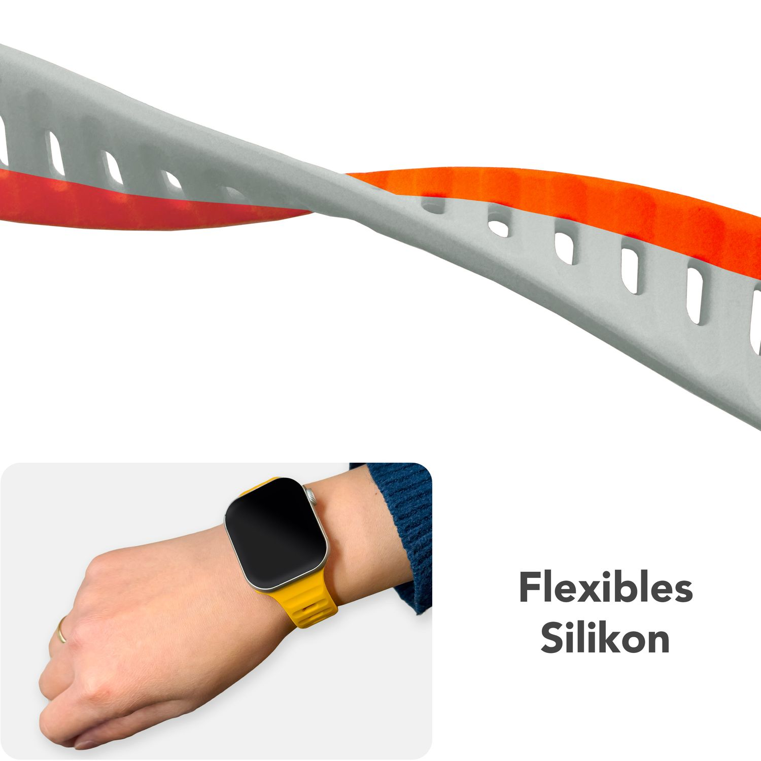 Armband mit flexiblem Silikonmaterial. Das Band wird am Handgelenk einer Person gezeigt.