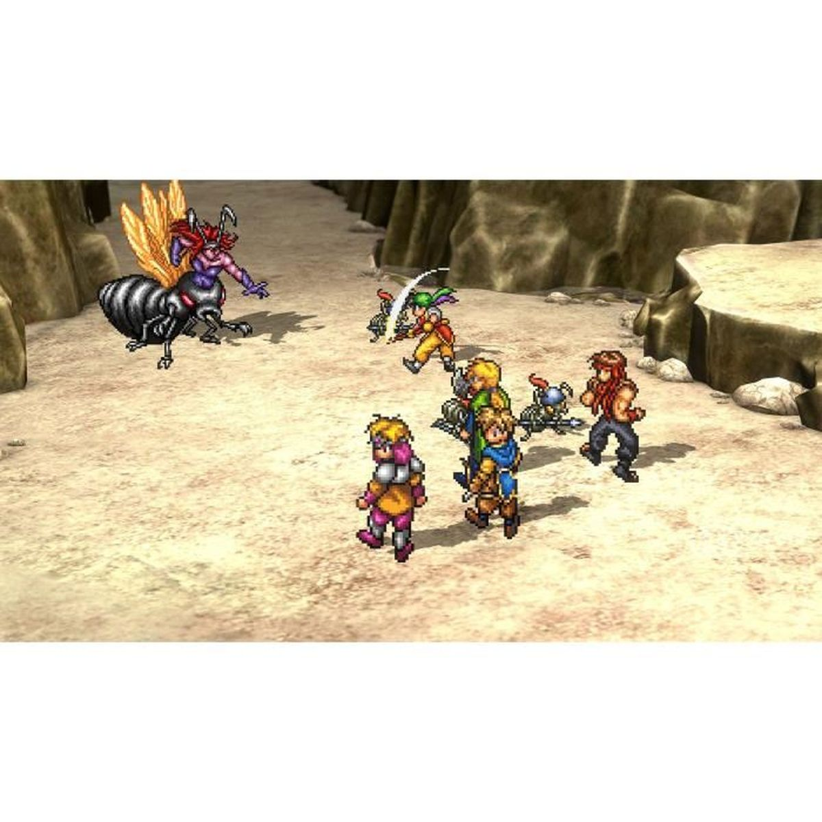 Scena di videogioco retrò. Diversi personaggi combattono contro una creatura gigante simile a un insetto in un deserto.