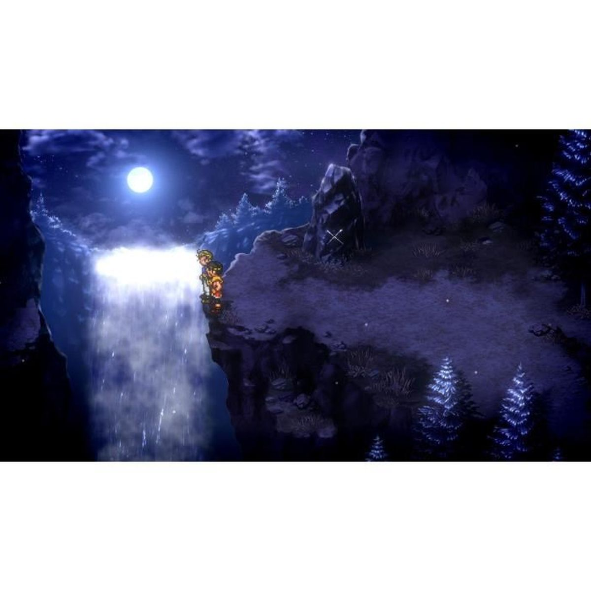 Scena pixel art di due persone su una scogliera, cascata e cielo notturno con luna.