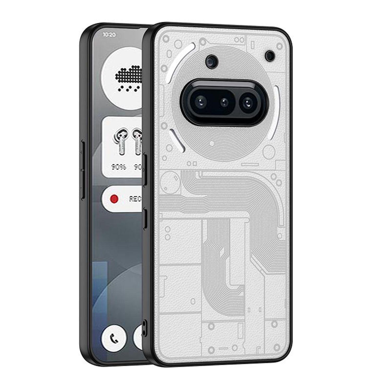 Eine weiße Handyhülle mit Leiterplattendesign und ein schwarzes Telefon links.