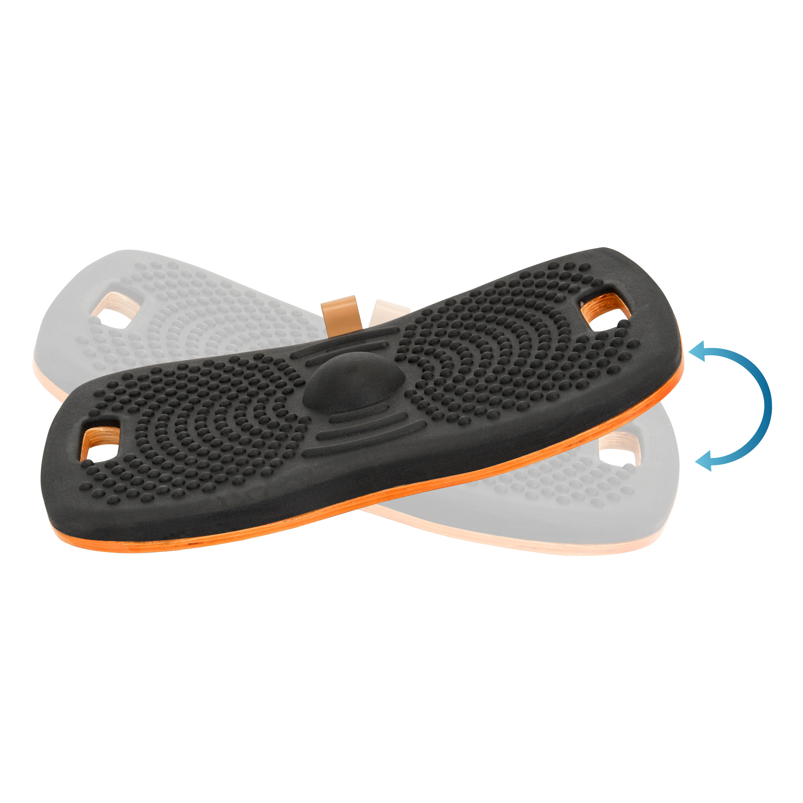 Ein schwarzes Balance Board mit orangefarbener Einfassung. Pfeile zeigen Drehbewegung an.