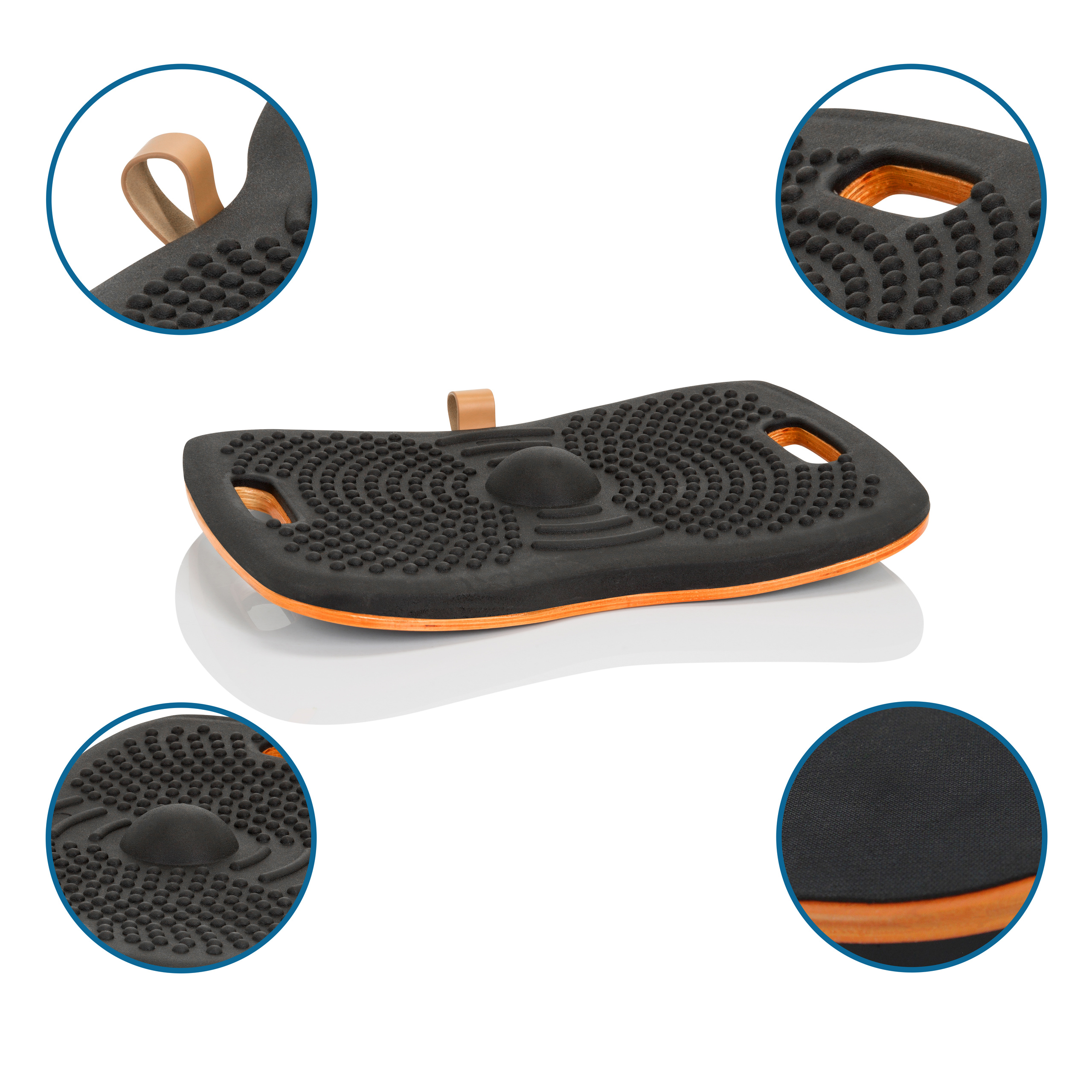Nahaufnahme eines schwarz-orangenen Balance Boards. Detailbilder auf weißem Hintergrund.