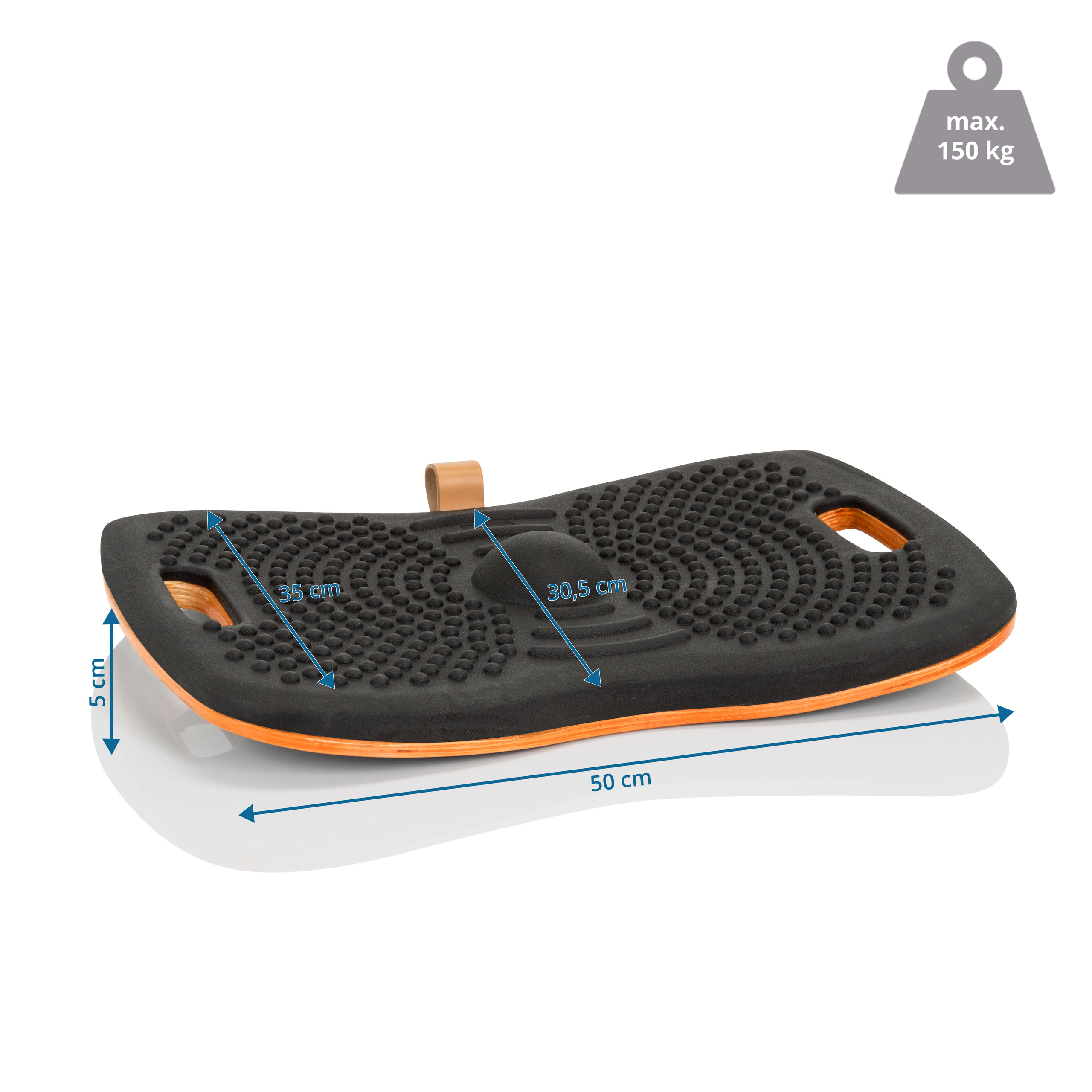 Schwarzes und oranges Balance Board mit Griff, geriffelter Oberfläche und Maßen.
