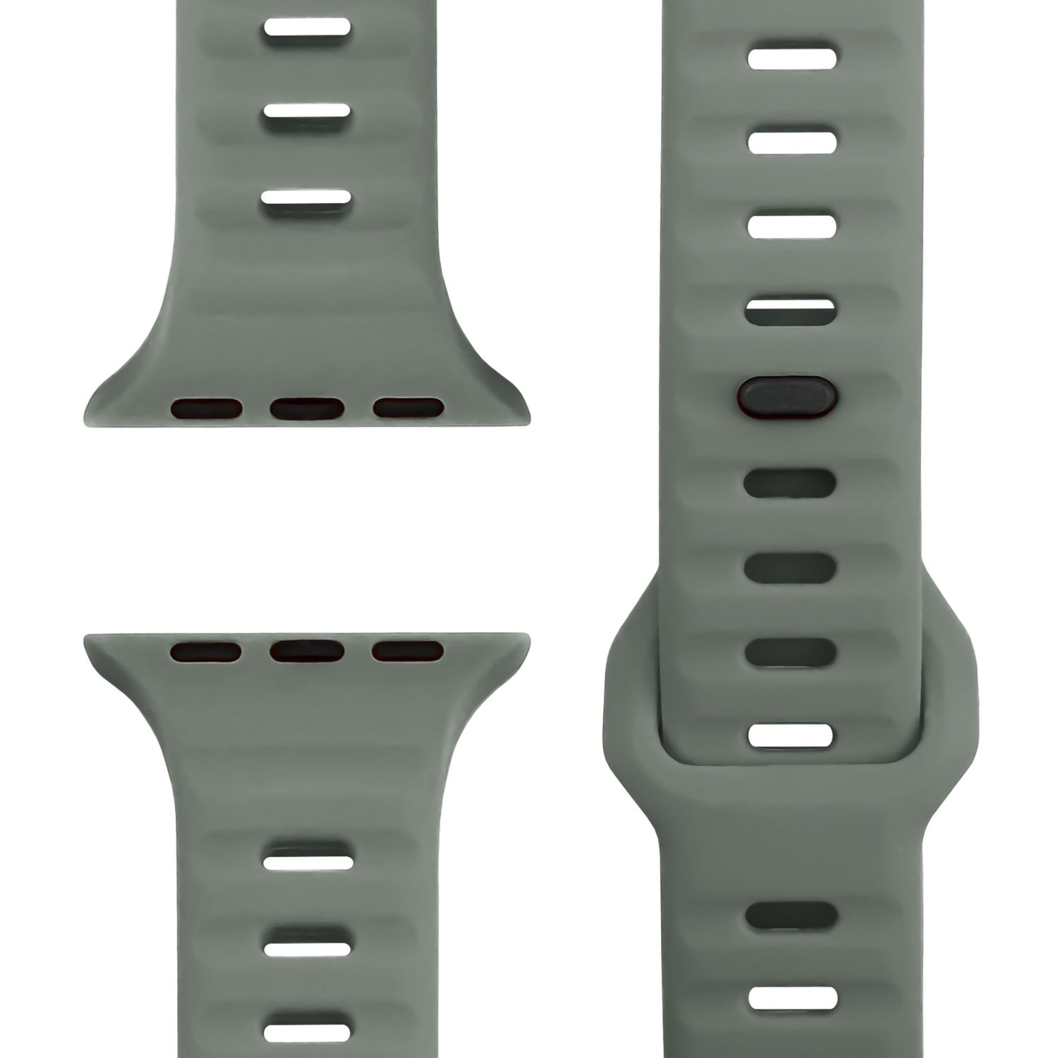 Nahaufnahme eines grauen Uhrenarmbands. Details der Textur des Armbands sind sichtbar.