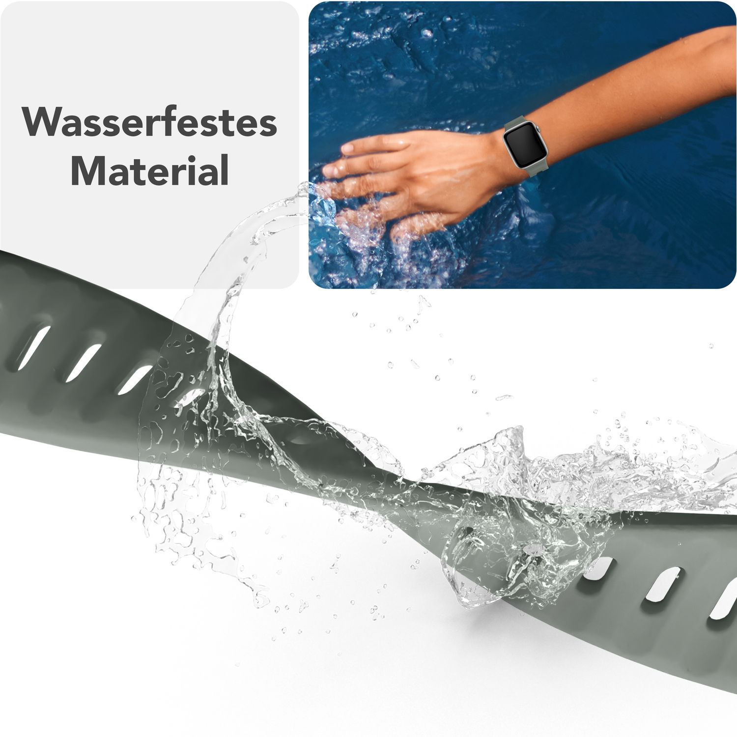 Ein graues Uhrenarmband mit Wasserspritzern, einer Uhr und Text.