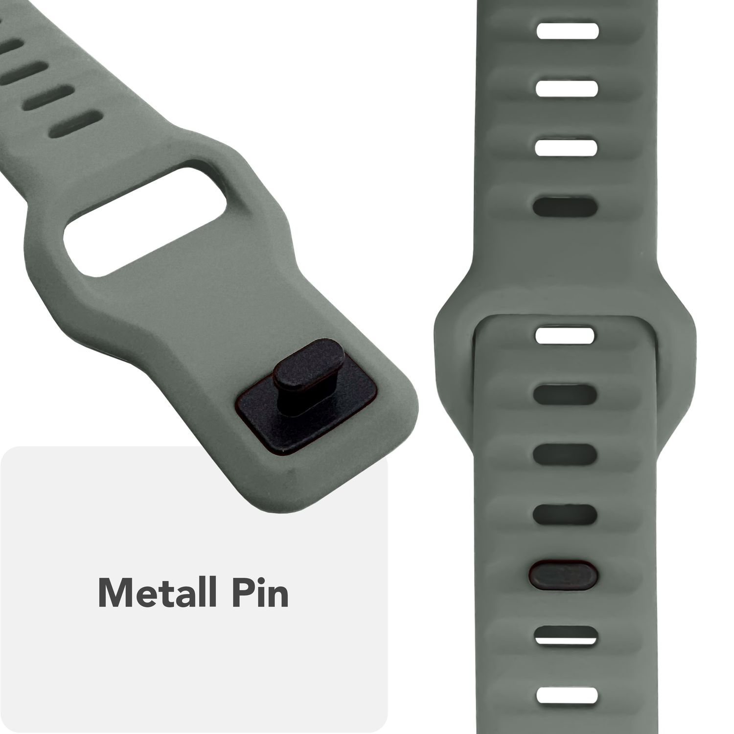 Nahaufnahme eines grauen Apple Watch-Armbands, das den Metallstift und die Löcher zeigt.