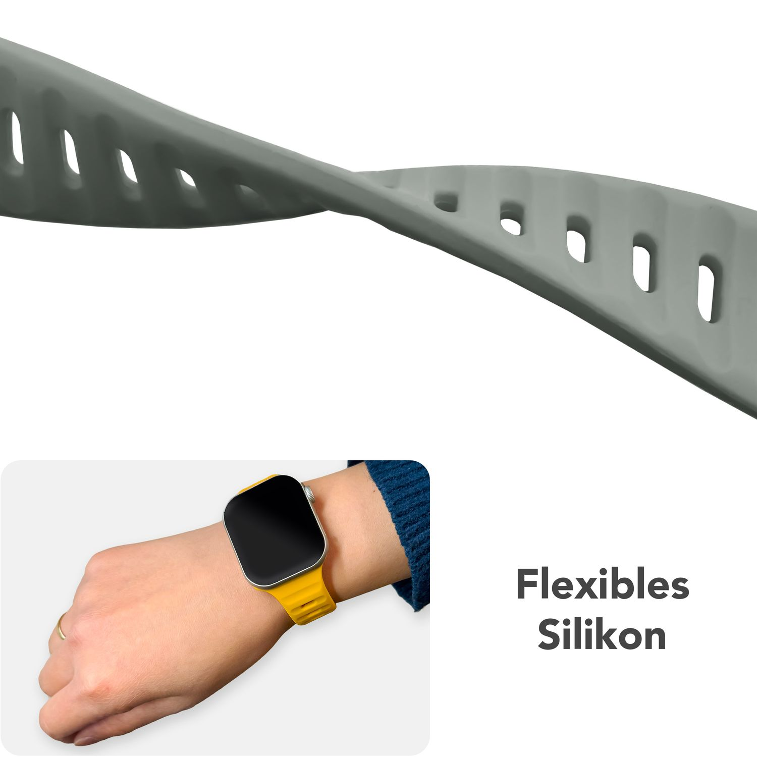 Nahaufnahme eines grauen Uhrenarmbands. Die Uhr ist am Handgelenk einer Person, gelbes Zifferblatt.