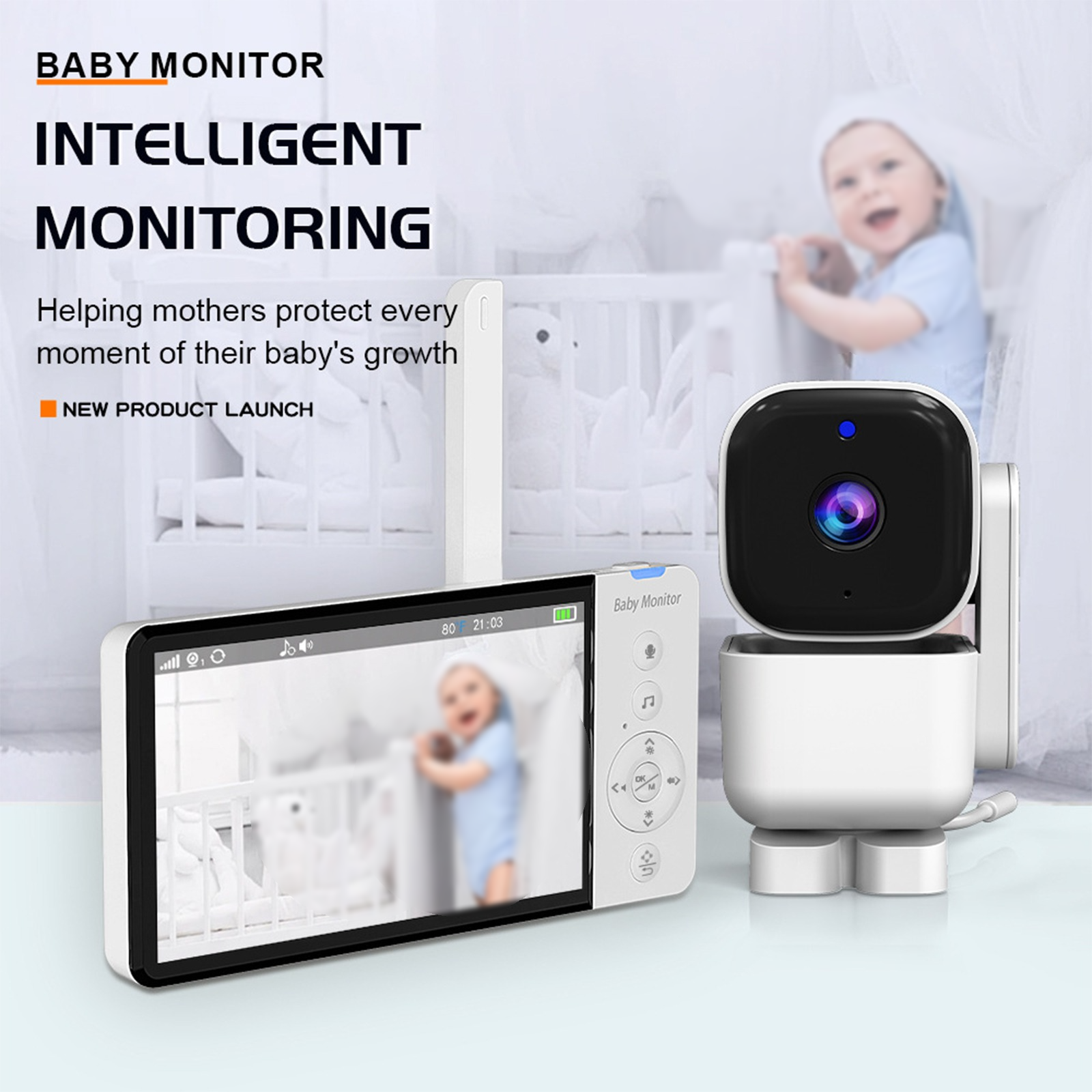 Babyphone mit Kamera und Bildschirm, Baby im Hintergrund und Text oben.