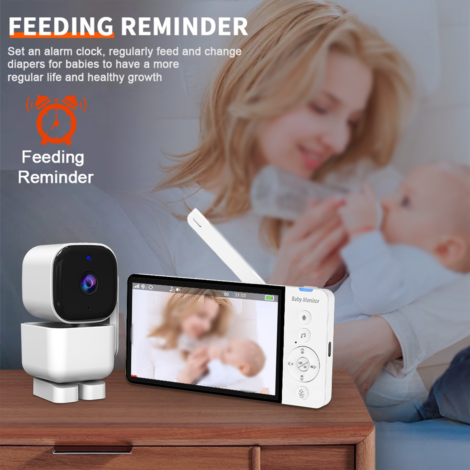 Ein Babyphone-Set mit einem Baby, das von einer Frau gehalten wird. Wecker und Fütterungserinnerung.