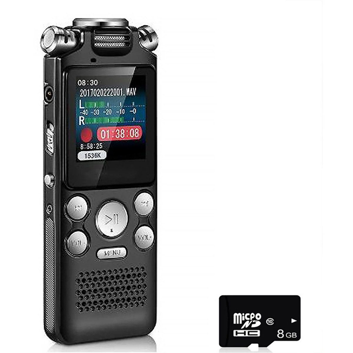 Schwarzer digitaler Diktiergerät. Knöpfe, Display mit Aufnahmezeit, Micro-SD-Karte.