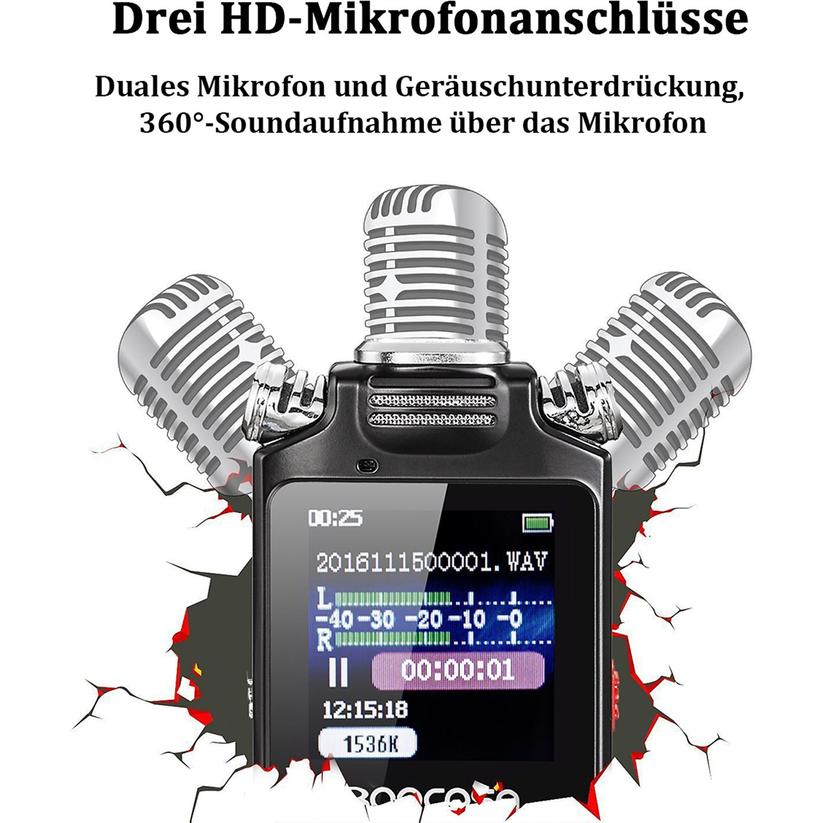Ein schwarzer Audiorecorder mit 3 Mikrofonen und einem Bildschirm, der Wellenform- und Zeitinformationen anzeigt.