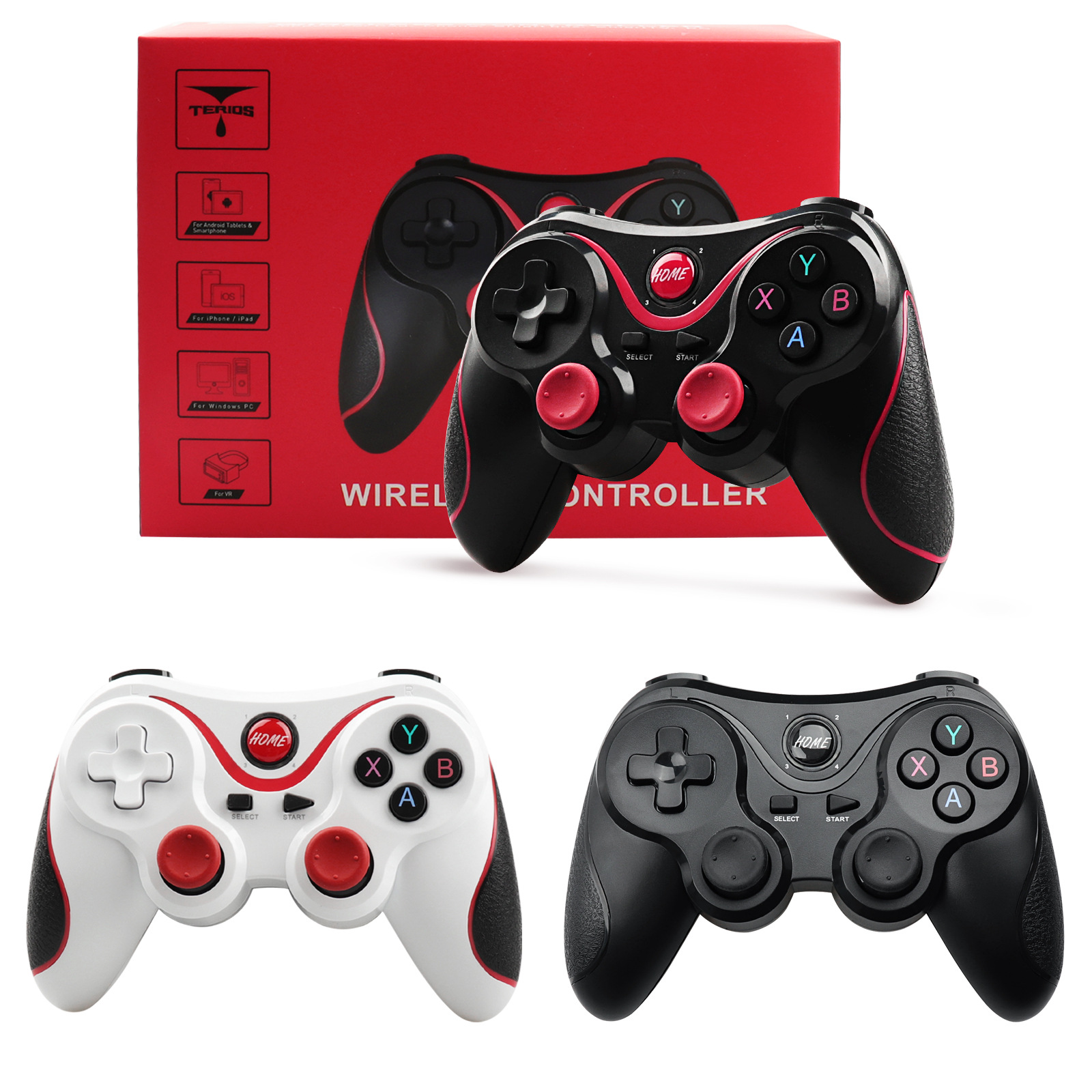 Drei Gamecontroller, schwarz und weiß, mit roten Knöpfen und einer roten Box im Hintergrund.