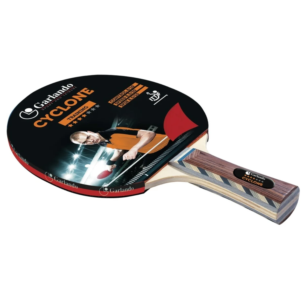 Tafeltennisbatje met een zwart en rood oppervlak. De handgreep is van hout en heeft het Garlando-logo.