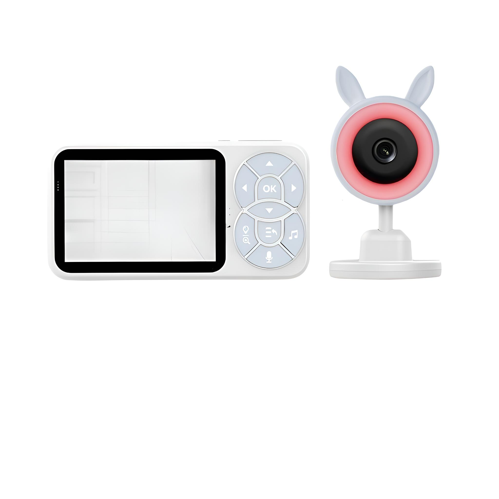 Ein weißes Babyphone-Set mit Bildschirm und einer Kamera mit Hasenohren.